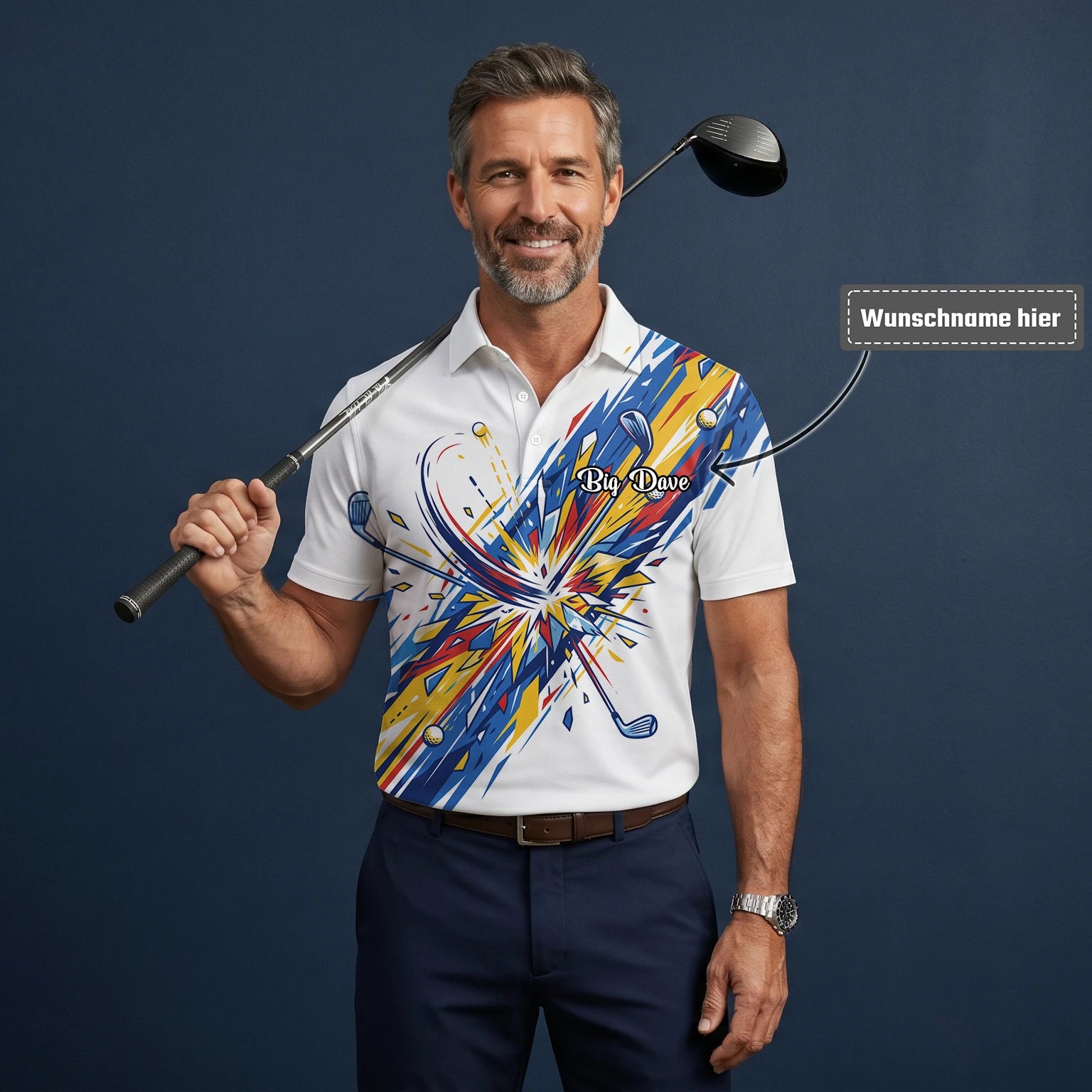 Personalisiertes Golf Poloshirt Weiß Blaues Golf Schwung Grafik Design für Herren B2869