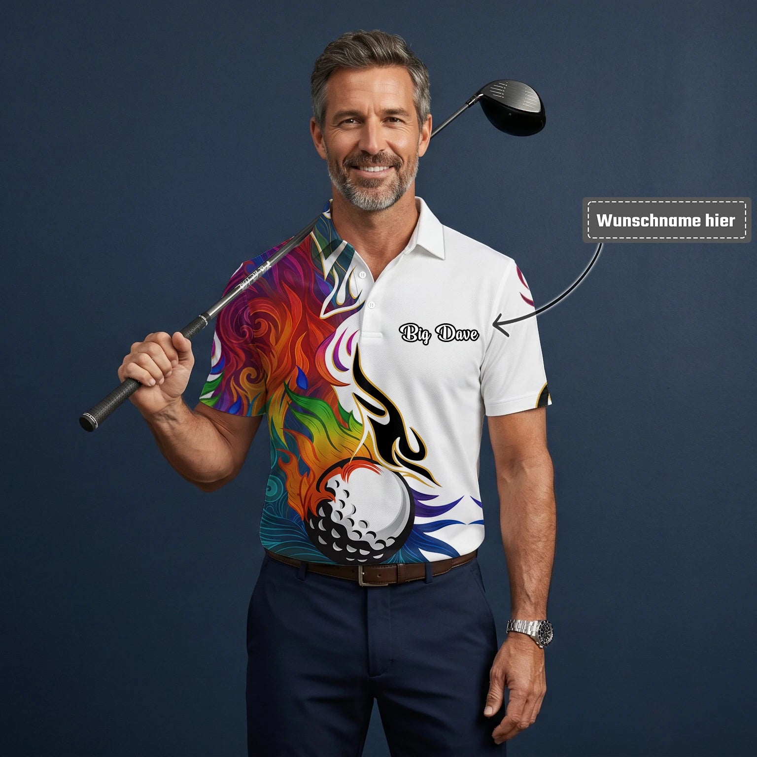 Personalisiertes Golf Poloshirt Weißes Regenbogen Flammen Golfball Design für Herren P6012