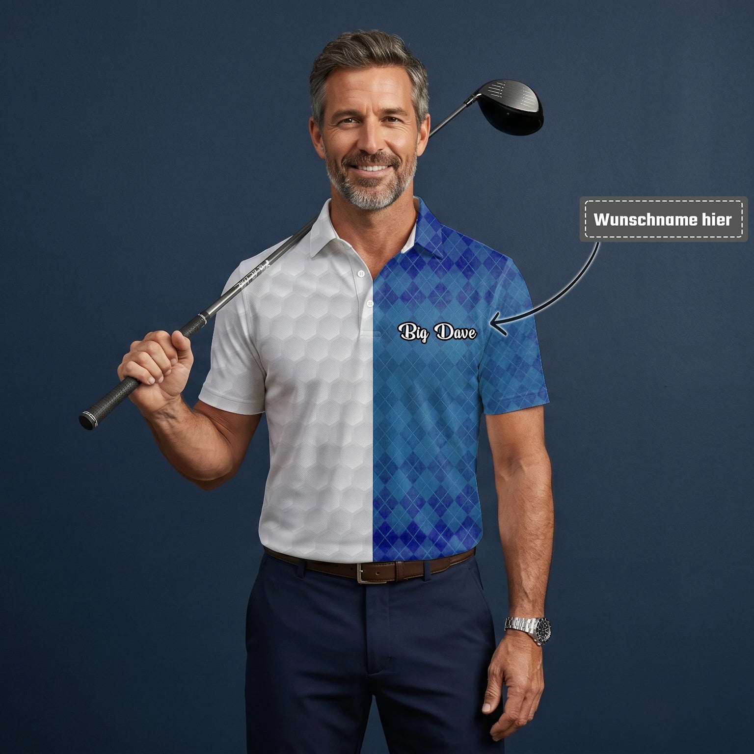 Personalisiertes Golf Poloshirt in Weiß-Blau mit Rautenmuster und Golfball-Textur für Herren X5072
