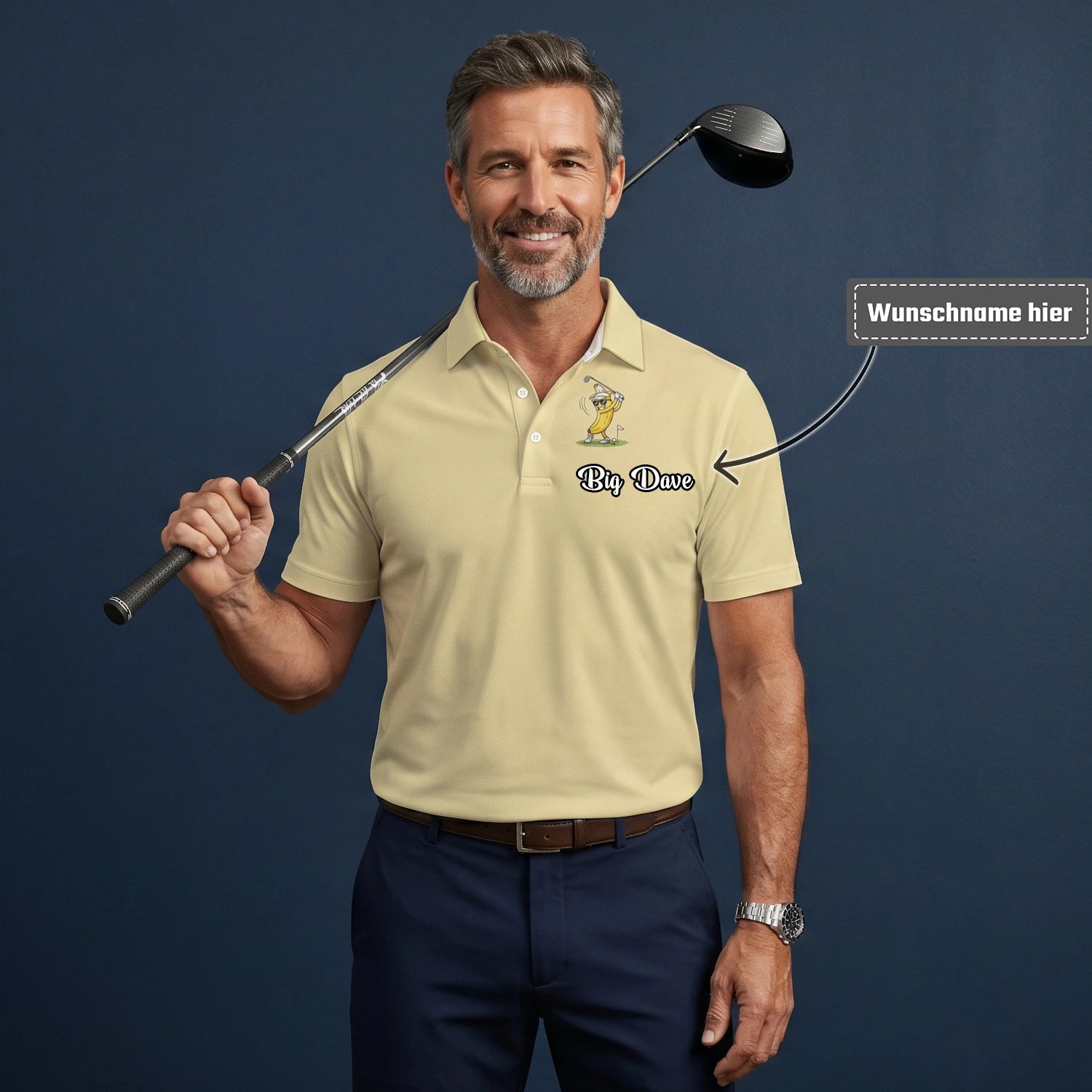 Personalisiertes Golf Poloshirt Hellgelbes Bananen Golfer Cartoon Design für Herren X9847