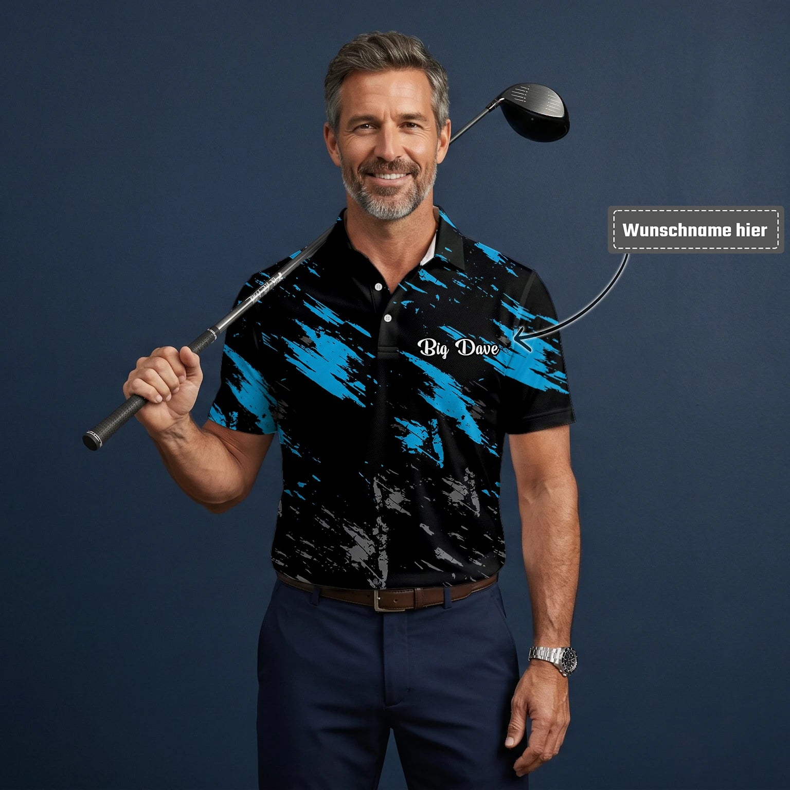 Personalisiertes Golf Poloshirt Schwarz Blaues Pinselstrich Design für Herren H3779