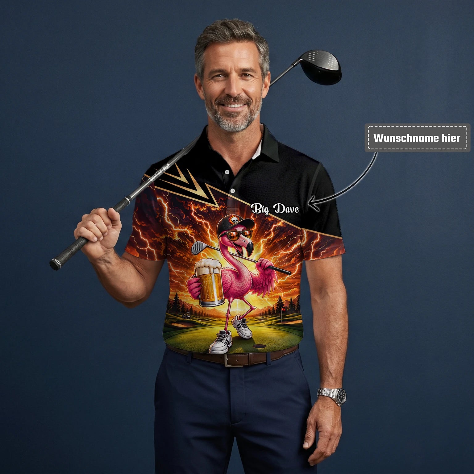 Personalisiertes Golf Poloshirt Schwarz Orange Flamingo Bier Golfer Blitz Design für Herren E3673