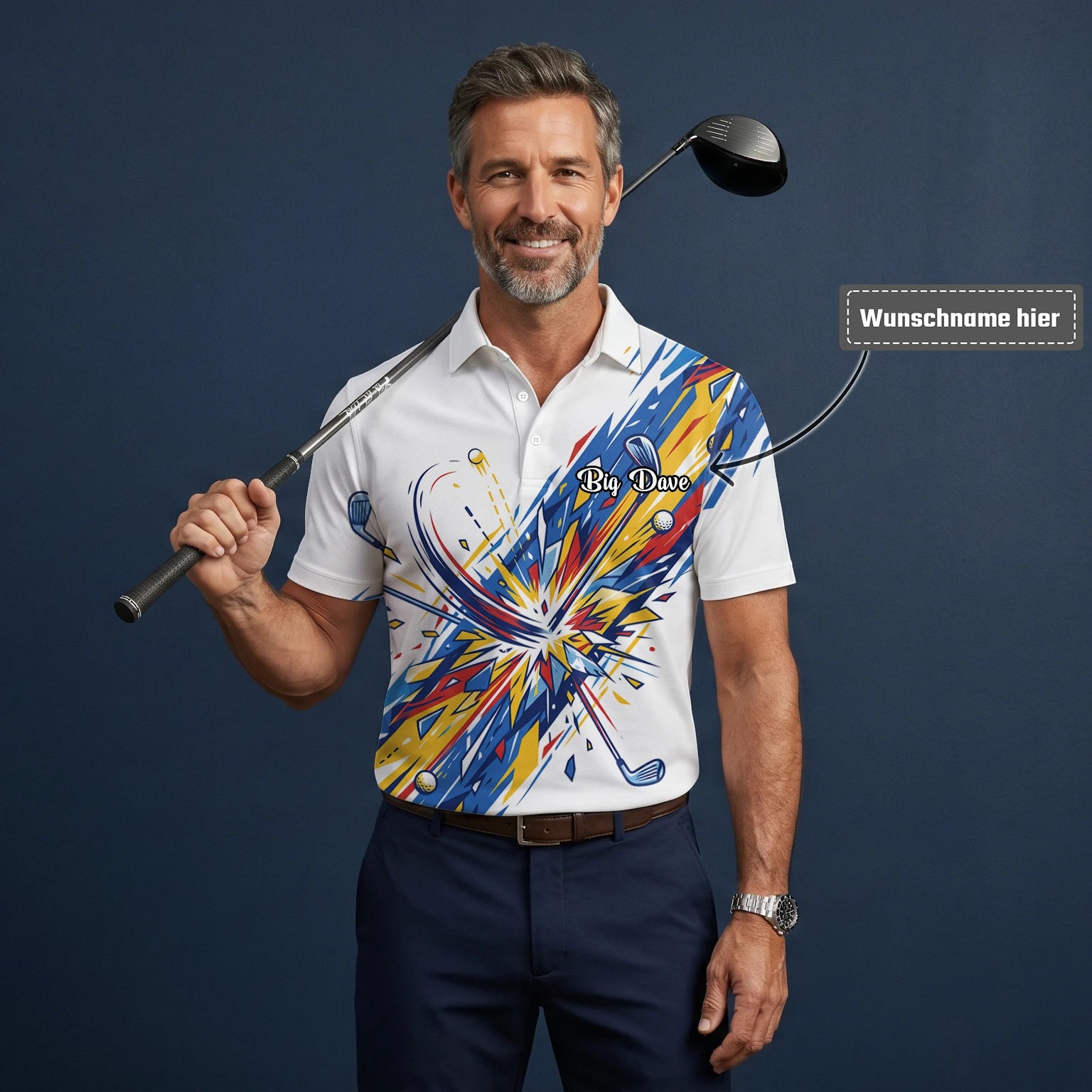 Personalisiertes Golf Poloshirt Weiß Blaues Golf Schwung Grafik Design für Herren B2869