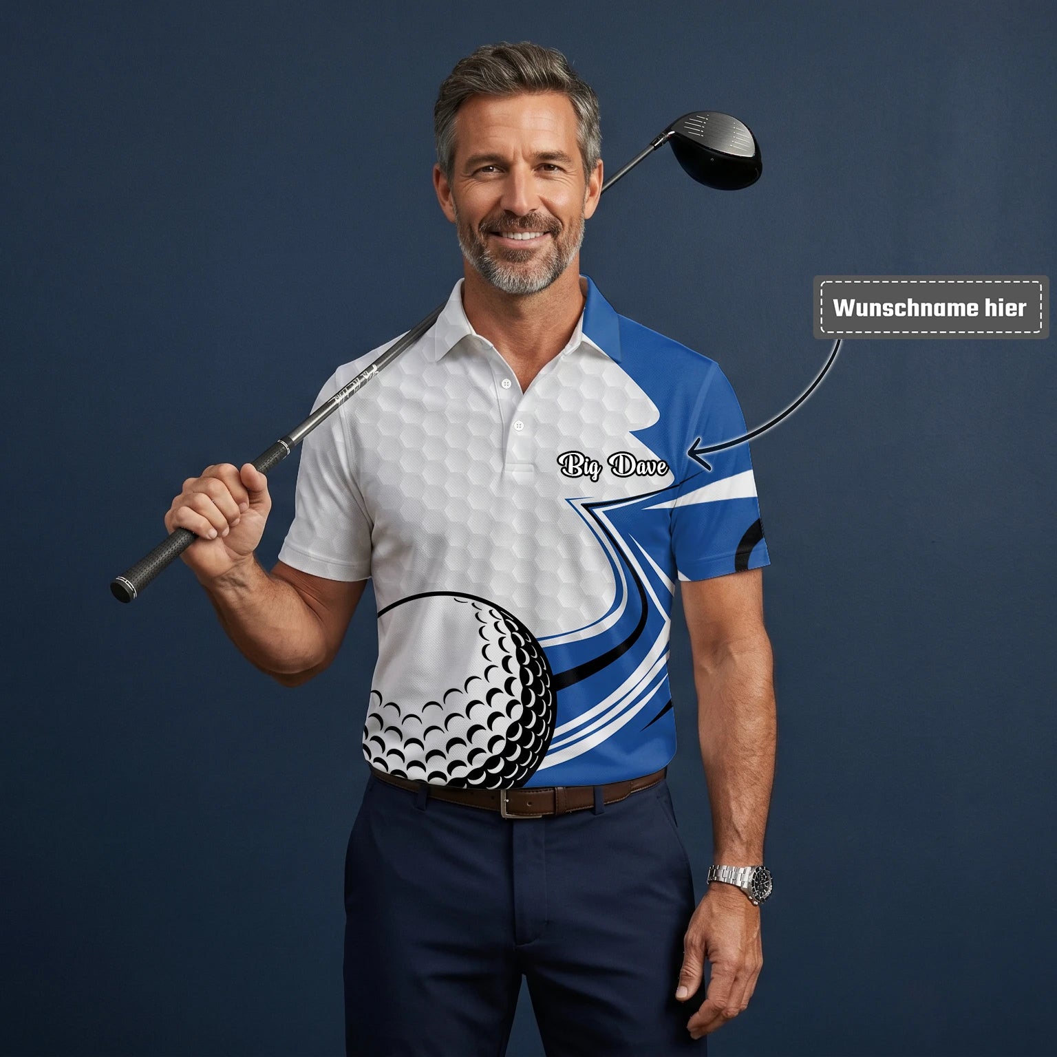 Personalisiertes Golf Poloshirt Weiß Blaues Golfball Waben Design für Herren S7973