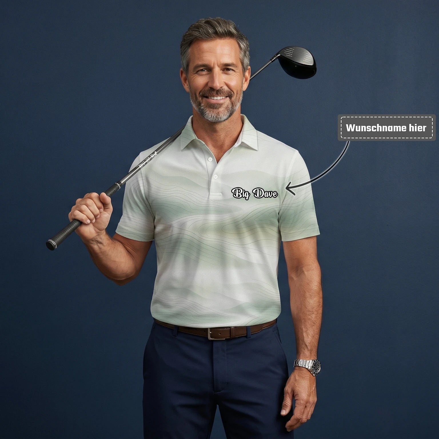 Personalisiertes Golf Poloshirt Weiß Salbeigrünes Abstraktes Wellen Design für Herren F8070
