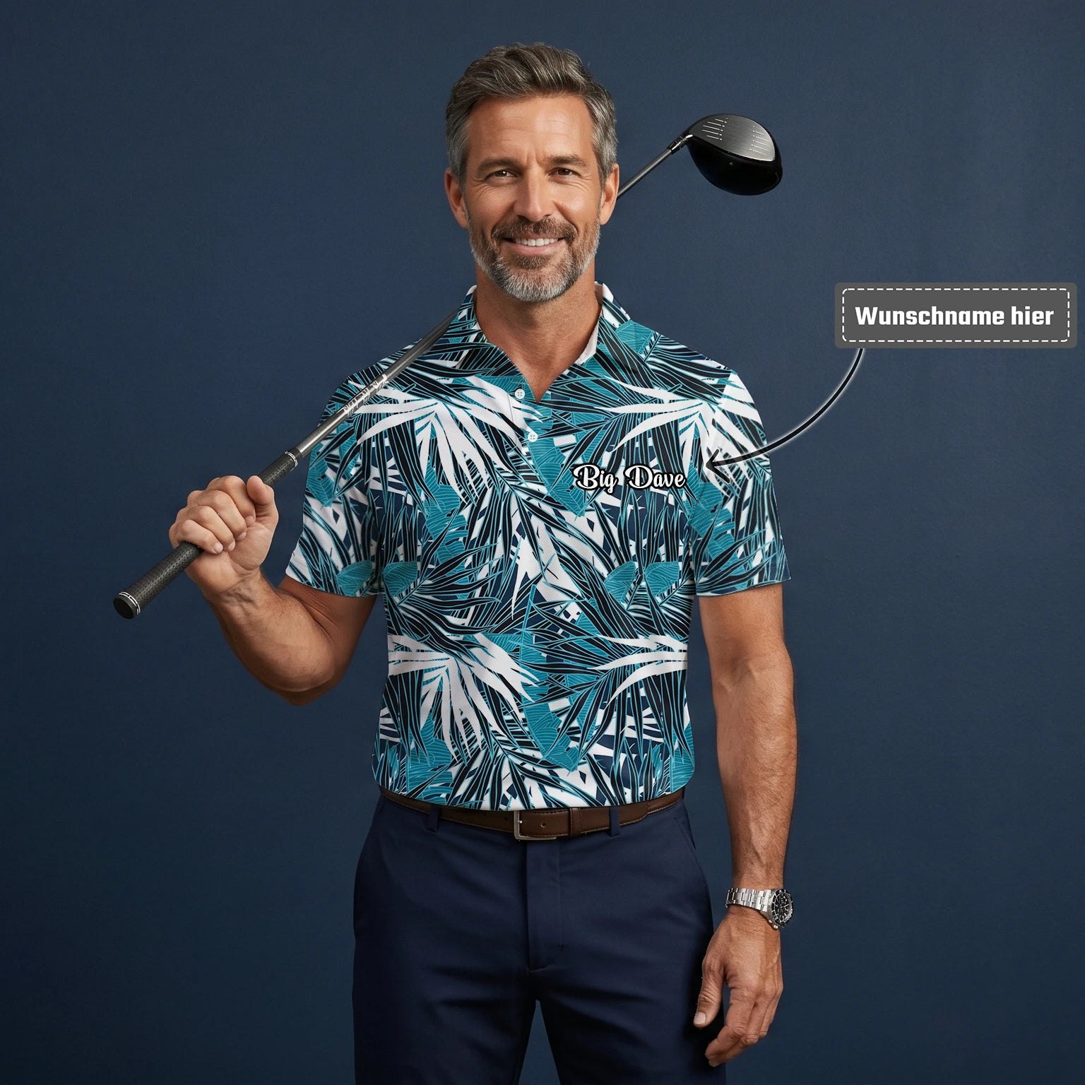 Personalisiertes Golf Poloshirt Türkis Schwarz Weißes Palmenblätter Design für Herren S8543