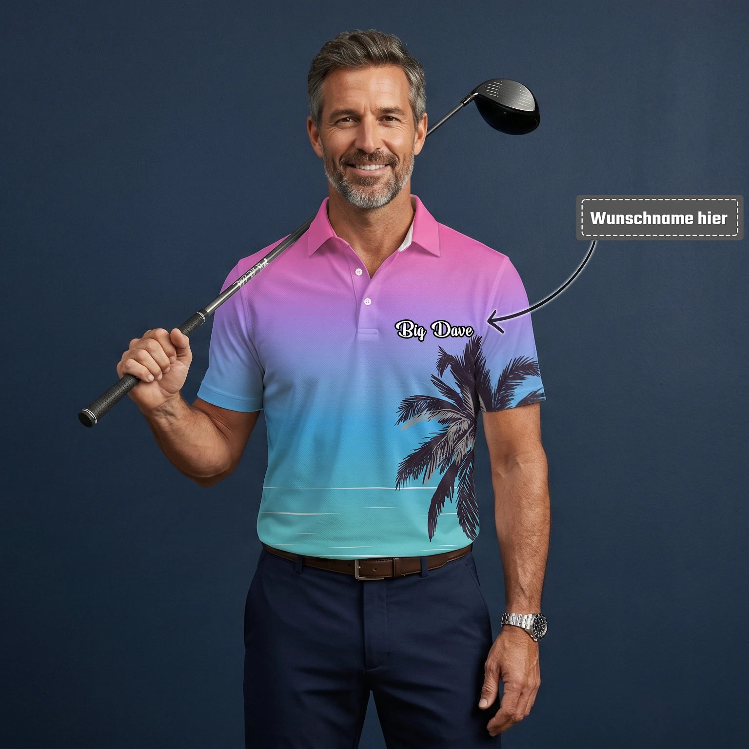 Personalisiertes Golf Poloshirt Rosa Blaues Palmen Strand Sonnenuntergang Design für Herren Q3519