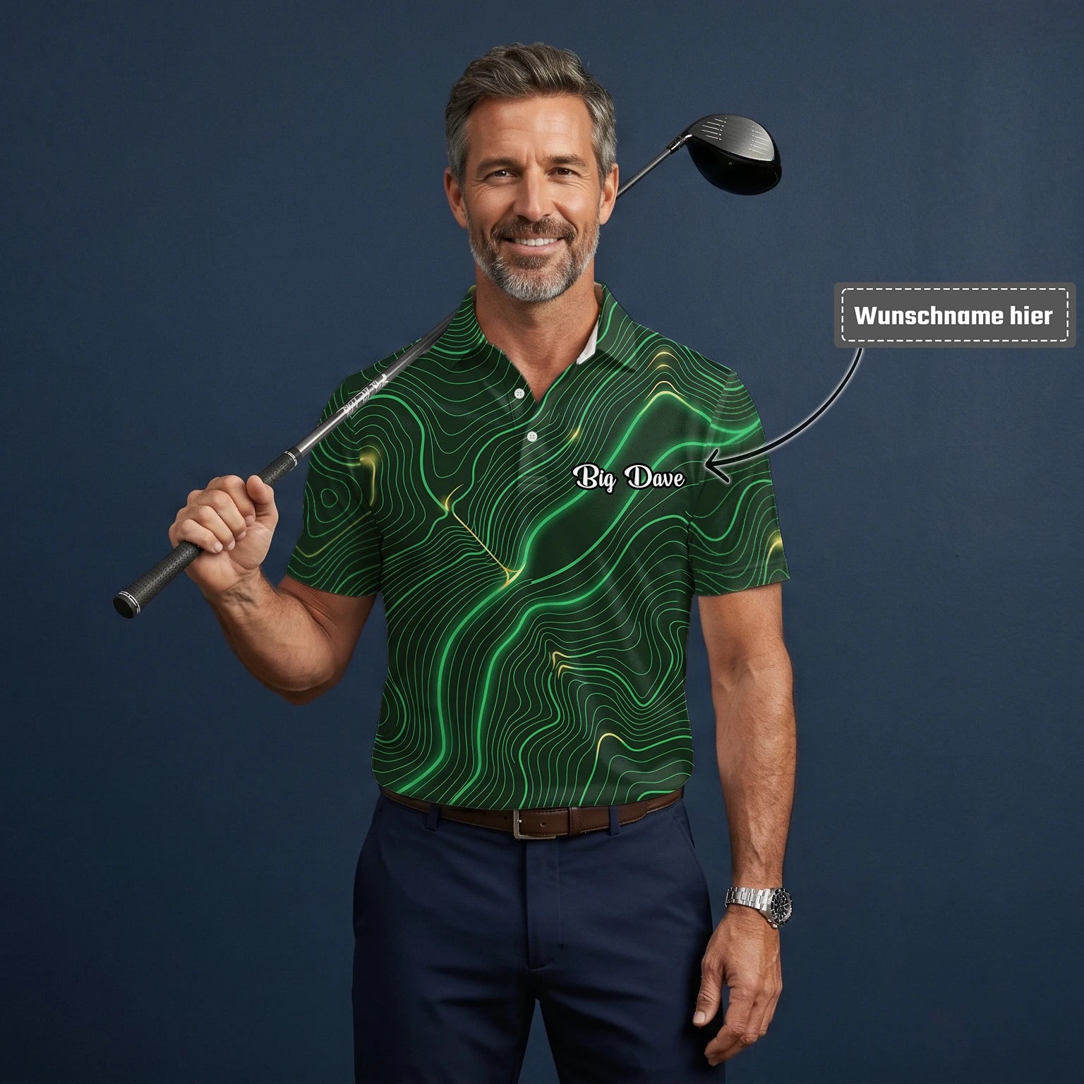 Personalisiertes Golf Poloshirt Grün Schwarzes Topografisches Linien Design für Herren E4992