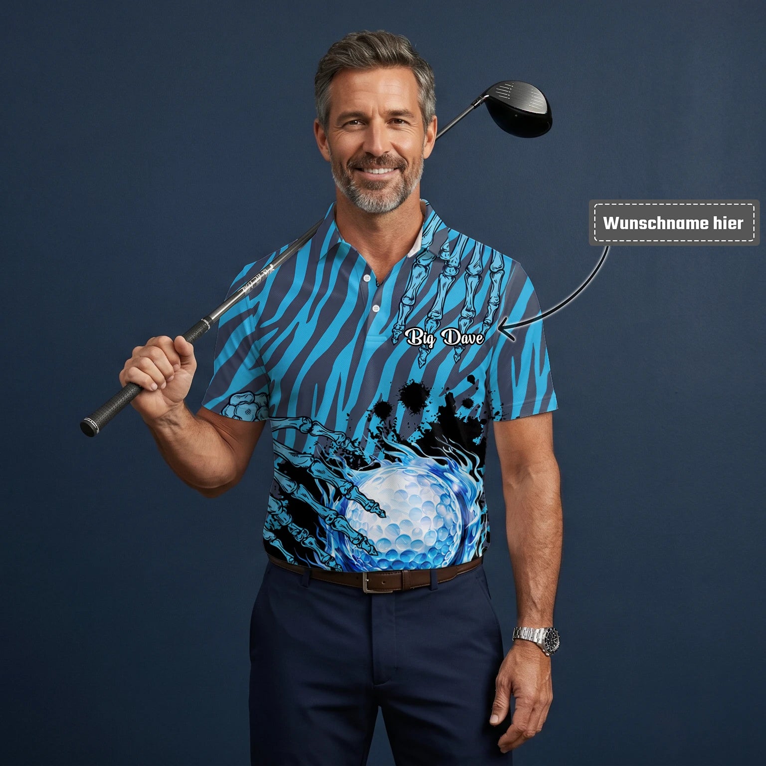 Personalisiertes Golf Poloshirt Blau Schwarzes Golfball Wasser Splash Design für Herren B9791