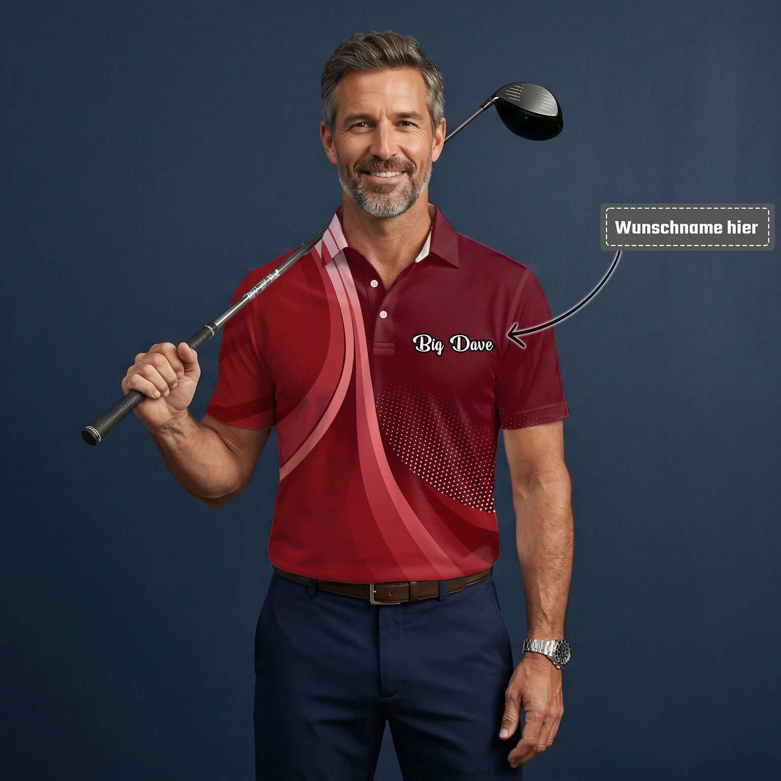 Personalisiertes Golf Poloshirt Bordeaux Rotes Abstraktes Wellen Design für Herren B4612