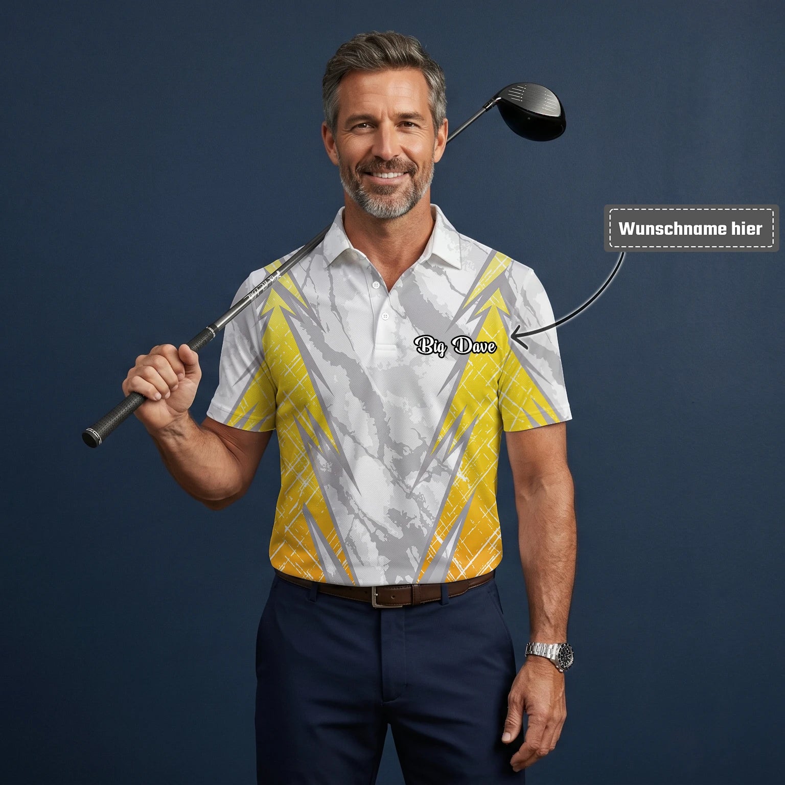Personalisiertes Golf Poloshirt Weiß Grau Gelbes Marmor Streifen Design für Herren T6326