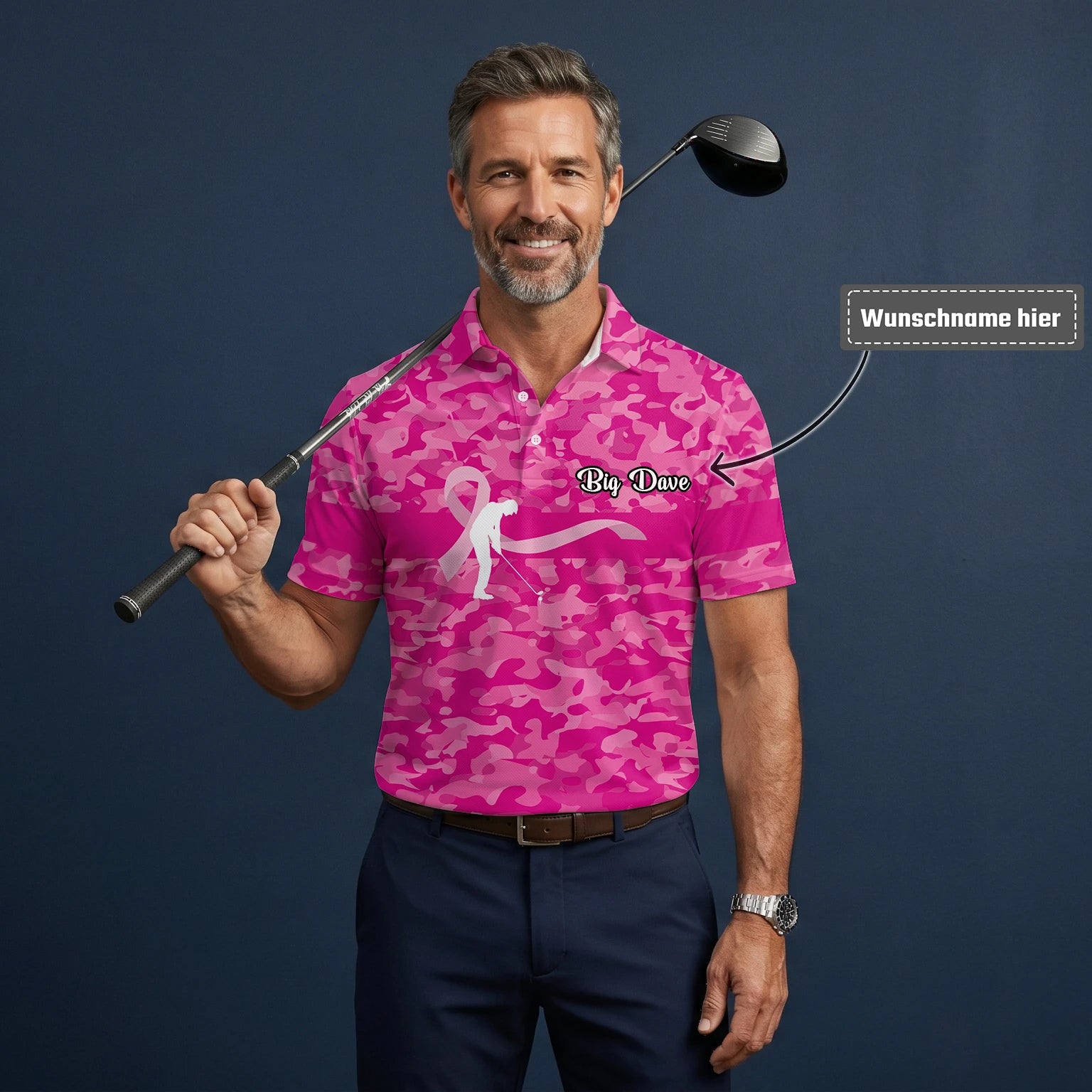 Personalisiertes Golf Poloshirt Rosa Camo Brustkrebs Awareness Schleifen Golfer Design für Herren Z3179