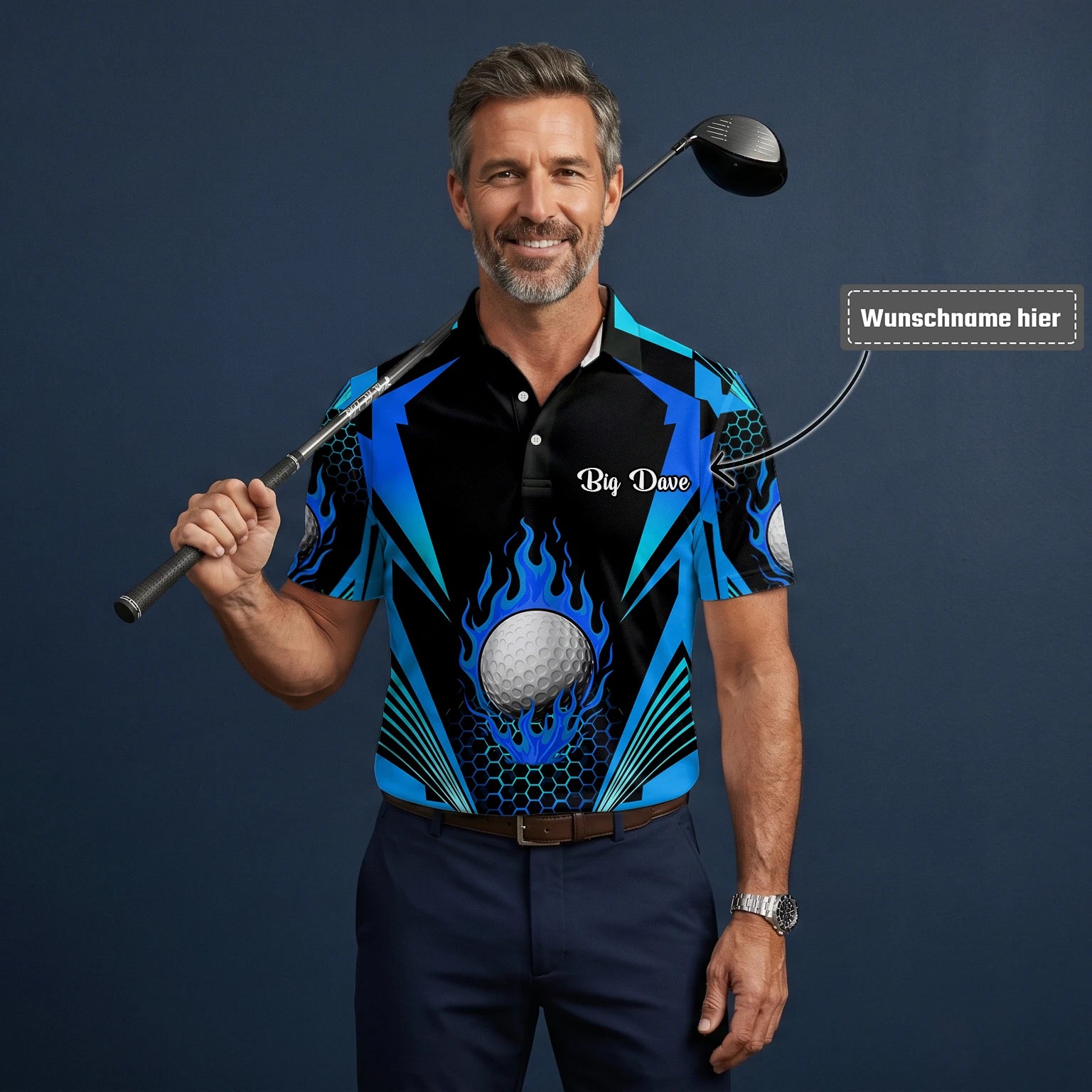 Personalisiertes Golf Poloshirt Schwarz Blaues Golfball Flammen Design für Herren Y8576