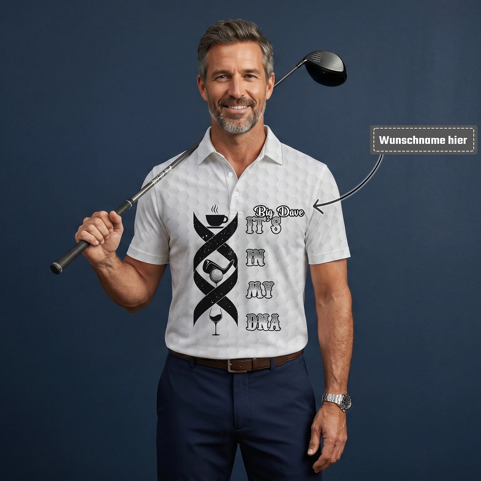 Personalisiertes Golf Poloshirt Weißes Golf In My DNA Spruch Design für Herren W3018