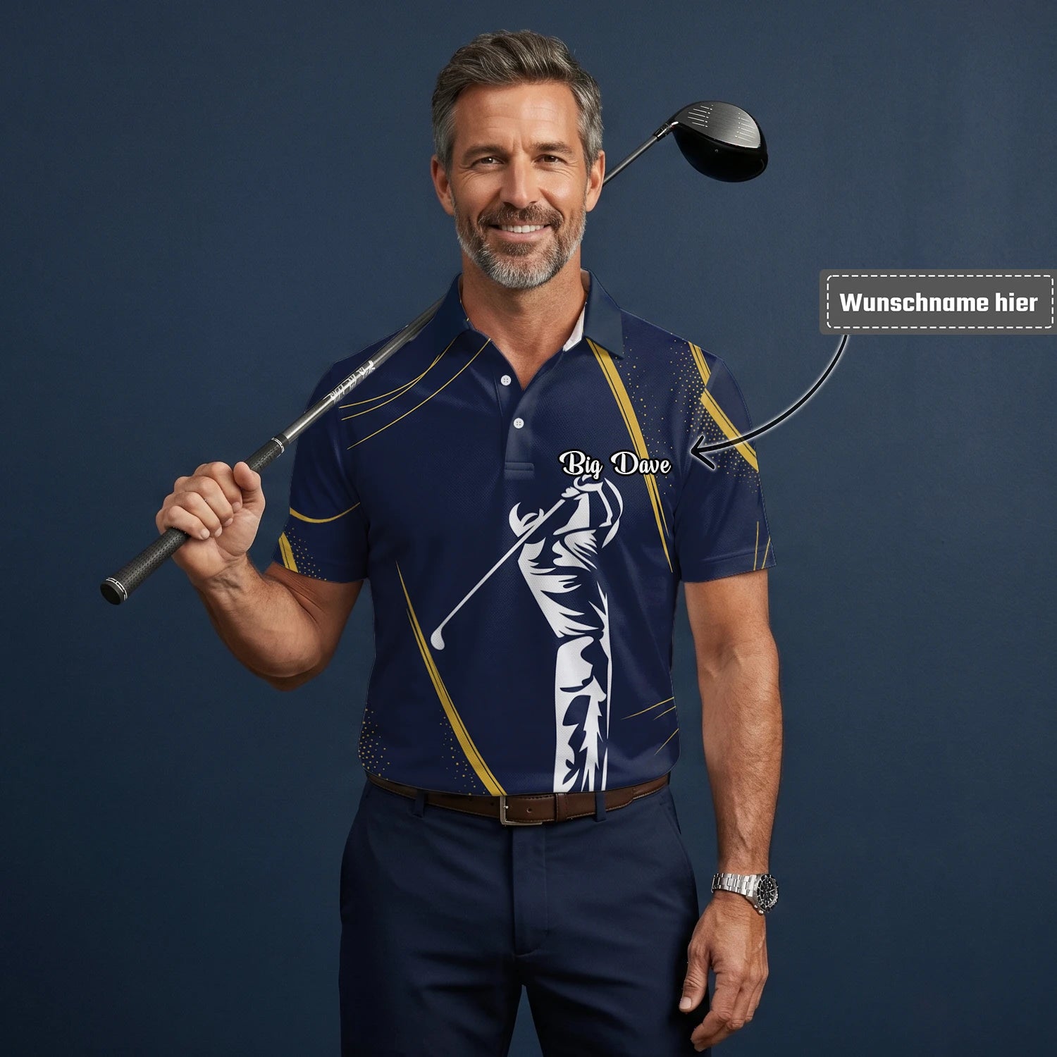Personalisiertes Golf Poloshirt Marineblau Goldenes Golfer Schwung Silhouetten Design für Herren A1639