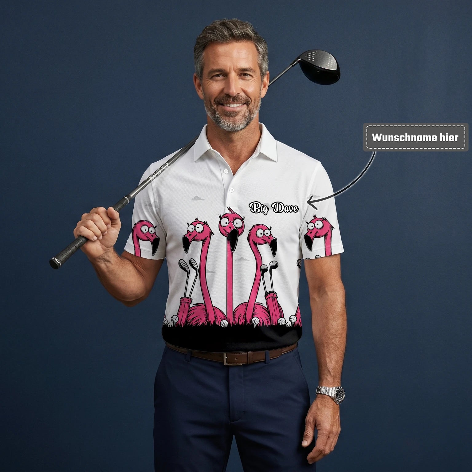 Personalisiertes Golf Poloshirt Weiß Rosa Flamingo Cartoon Design für Herren I6113