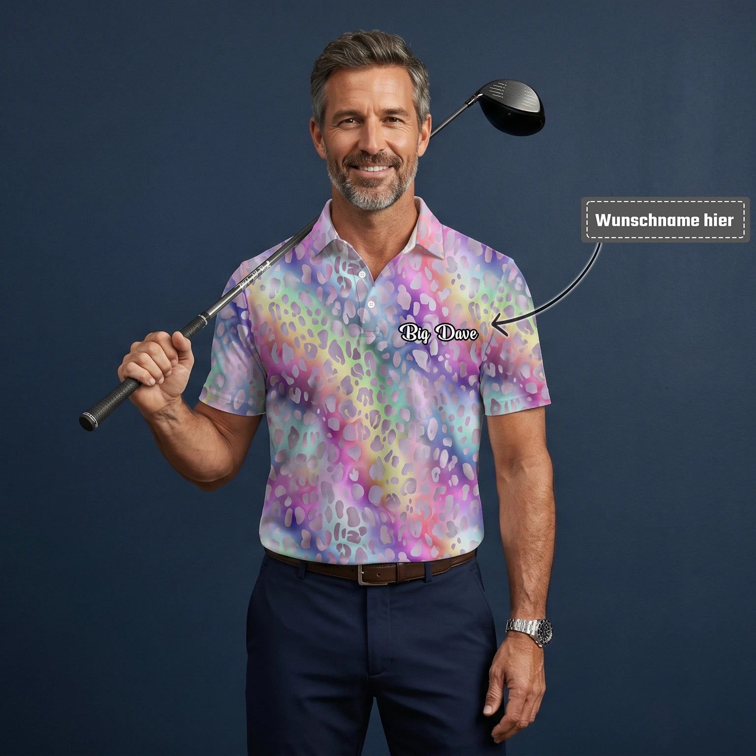 Personalisiertes Golf Poloshirt Pastell Regenbogen Leo Print Design für Herren E5373