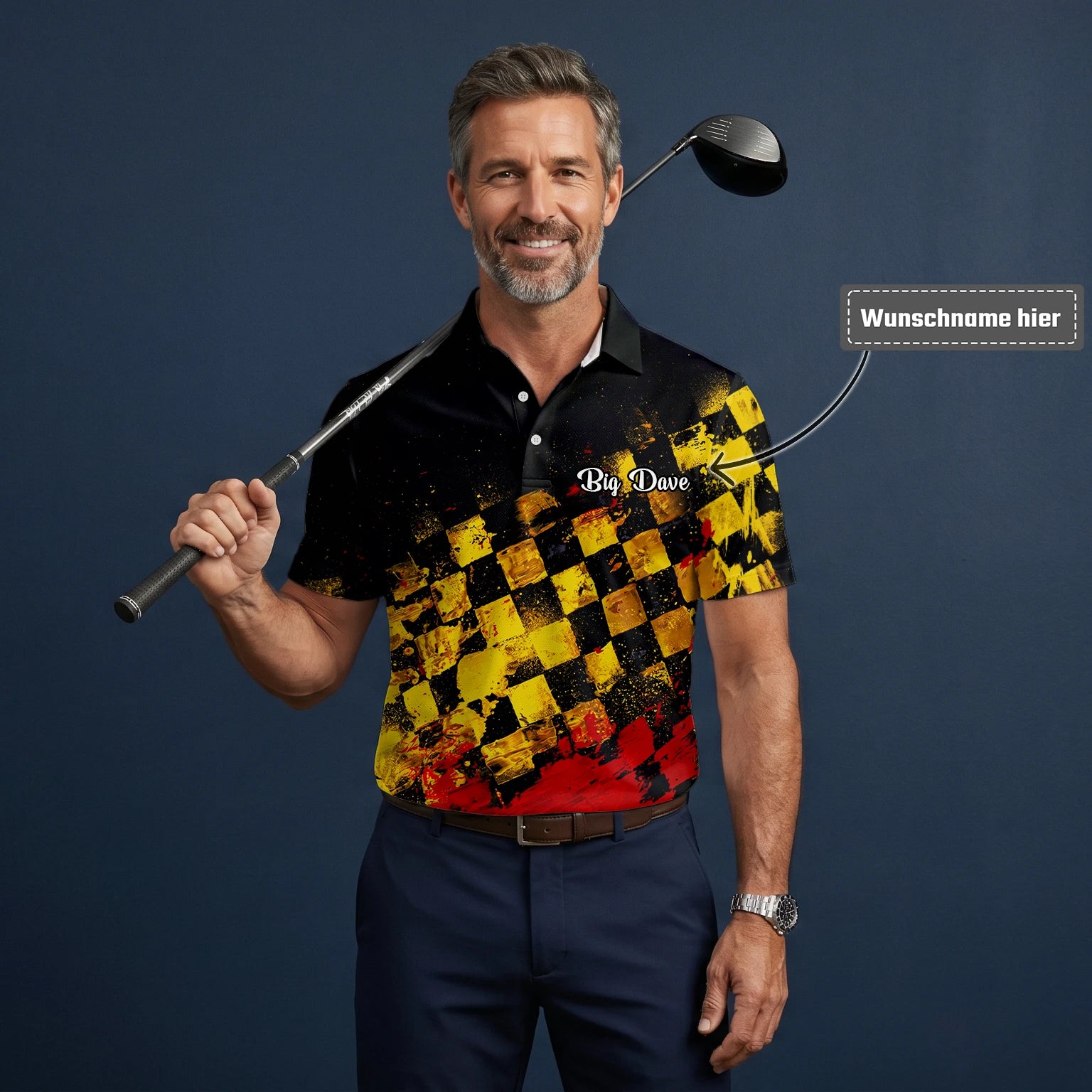 Personalisiertes Golf Poloshirt Schwarz Gelb Rotes Grunge Schachbrett Design für Herren R0396