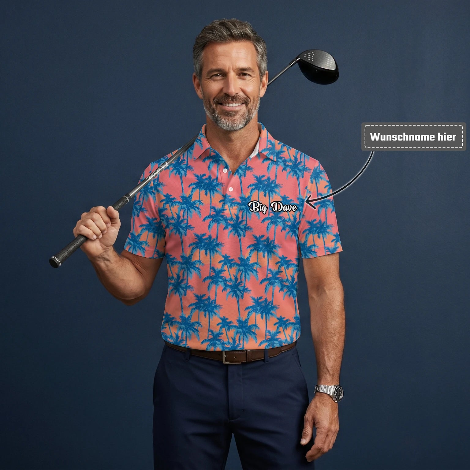 Personalisiertes Golf Poloshirt Korallenrosa Blaues Palmen Design für Herren A5845