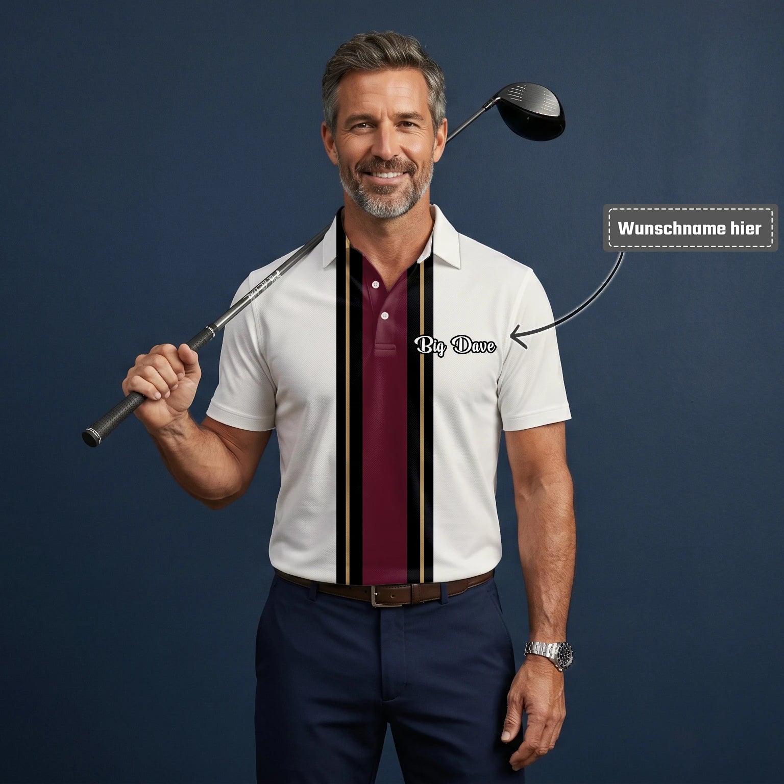 Personalisiertes Golf Poloshirt Weiß Bordeaux Schwarzes Rennstreifen Design für Herren G7028