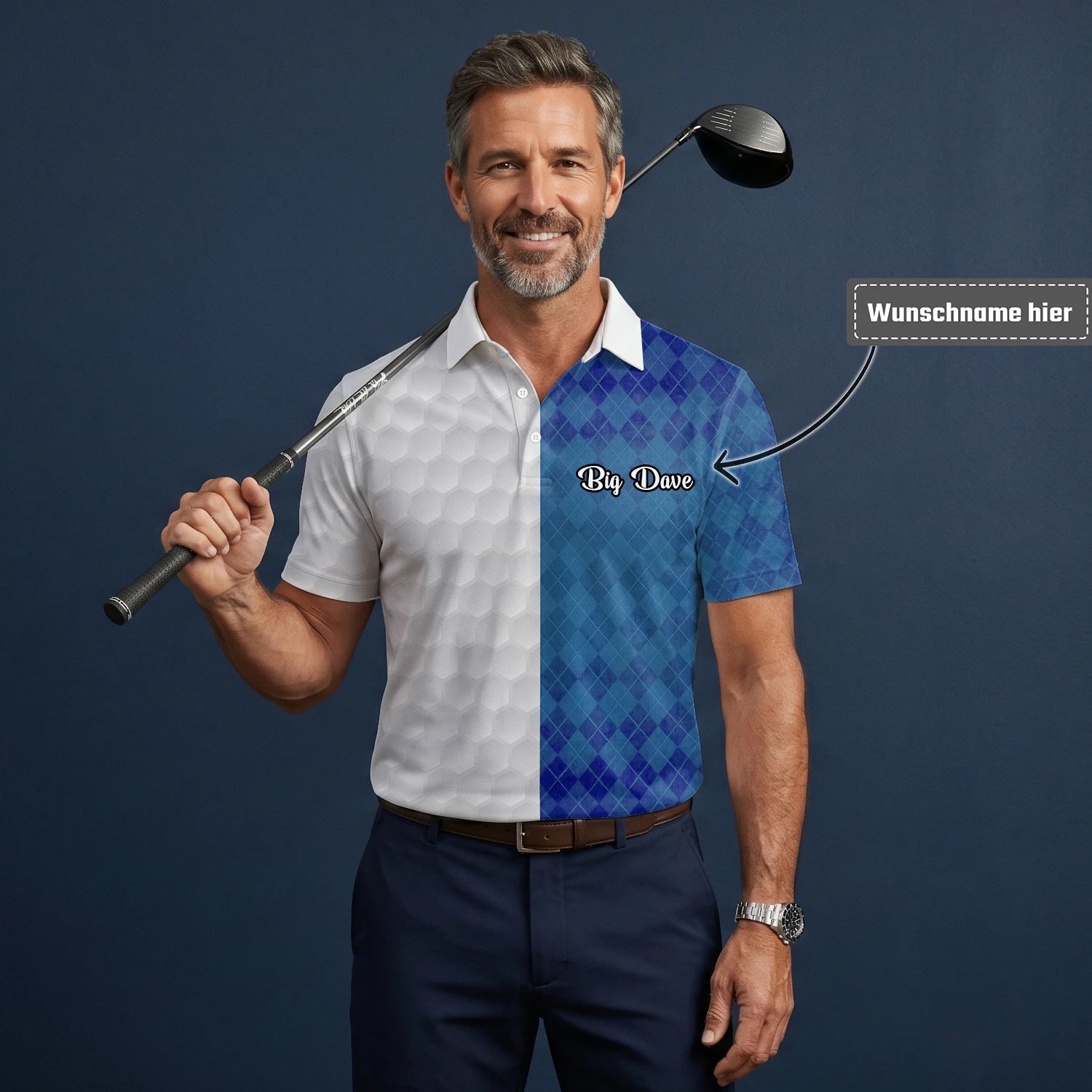 Personalisiertes Golf Poloshirt in Weiß-Blau mit Rautenmuster und Golfball-Textur für Herren M9214