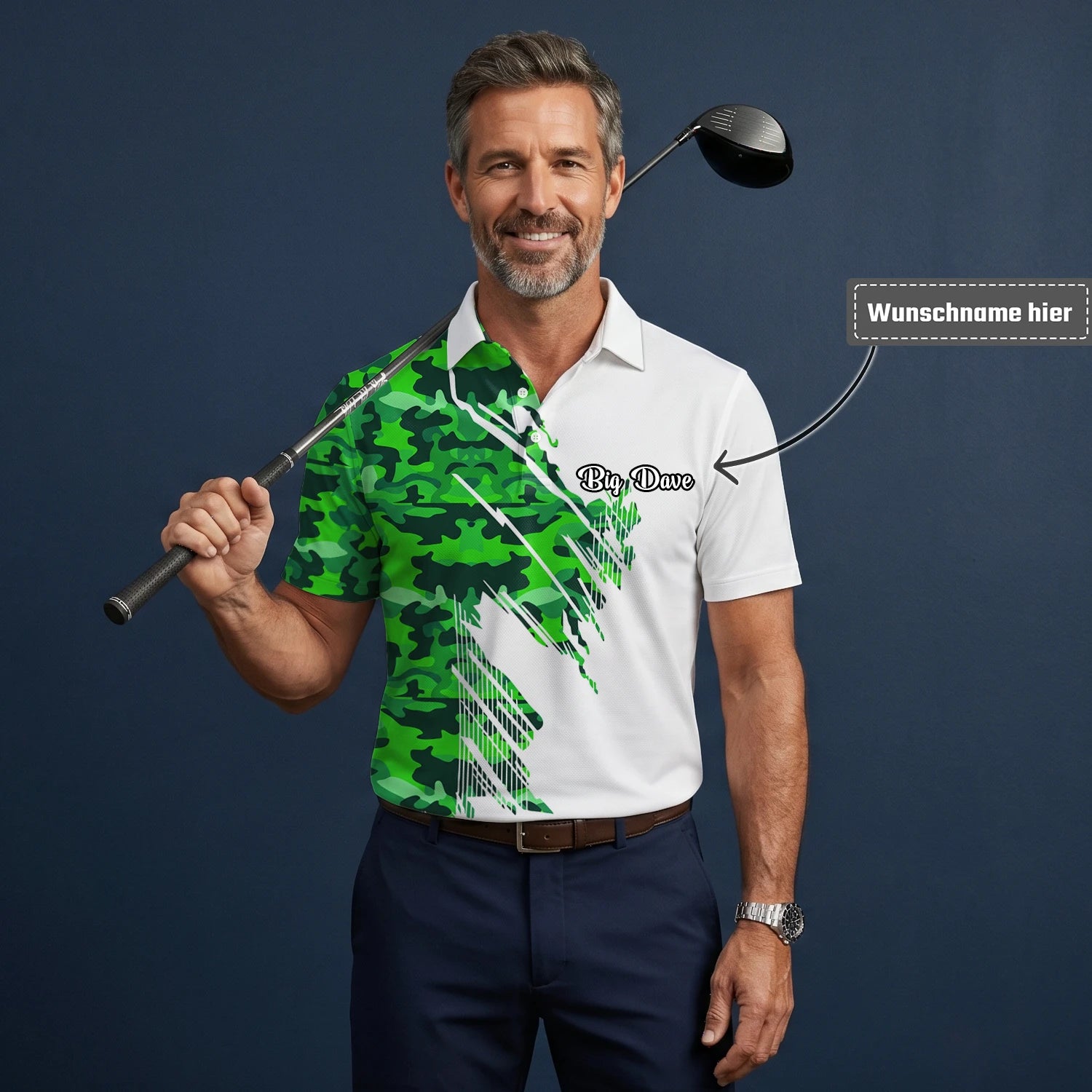 Personalisiertes Golf Poloshirt Weiß Grünes Camo Pinselstreifen Design für Herren E9788