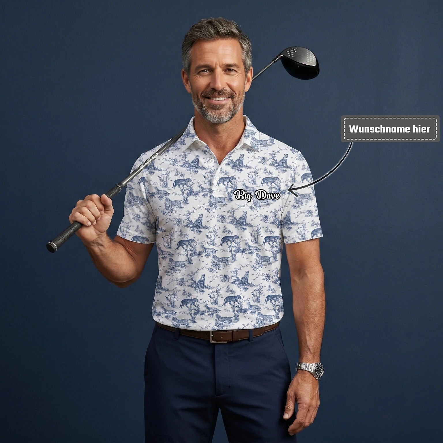 Personalisiertes Golf Poloshirt Weiß Blaues Dinosaurier Toile Design für Herren Q4771