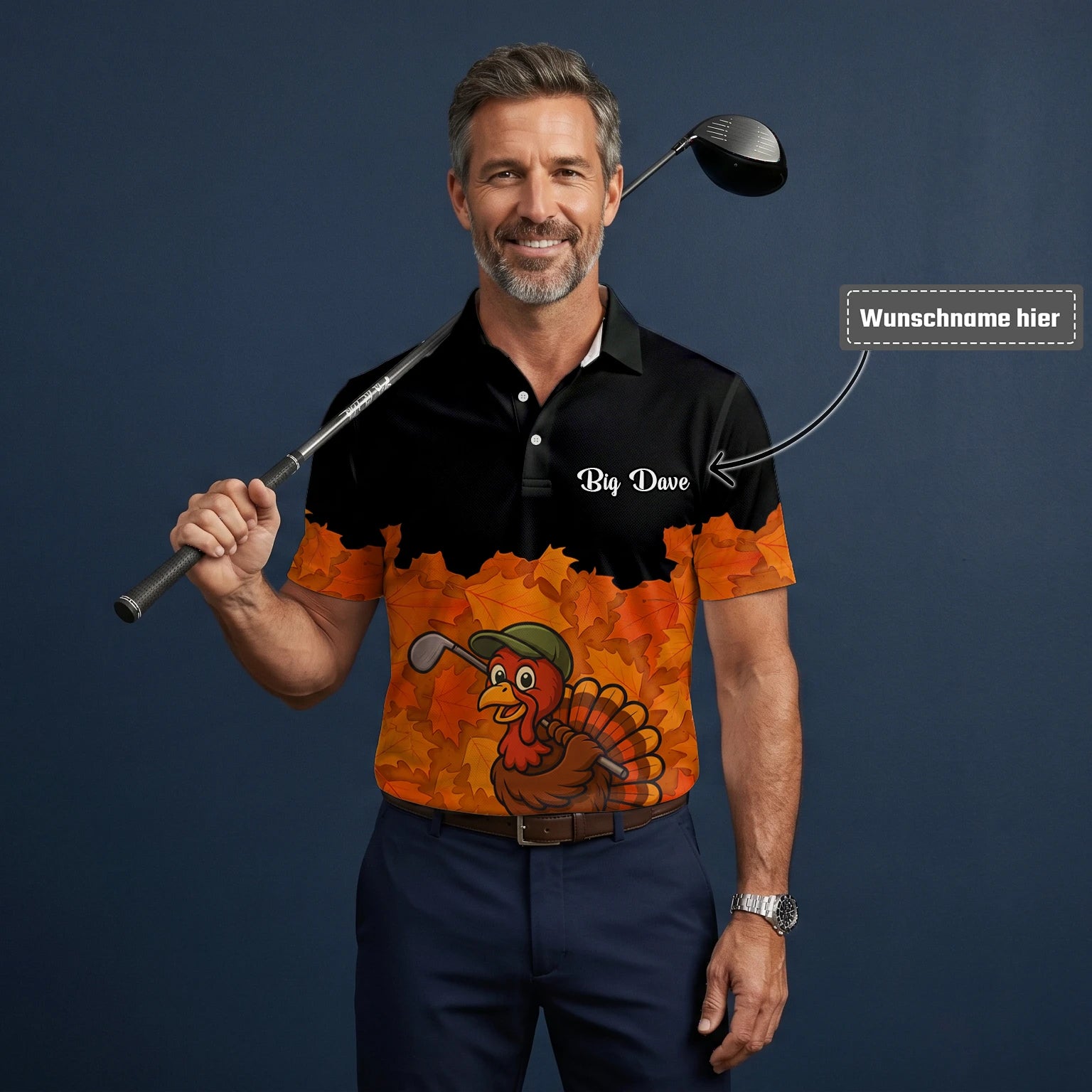 Personalisiertes Golf Poloshirt Schwarz Orange Thanksgiving Truthahn Golfer Design für Herren W0964