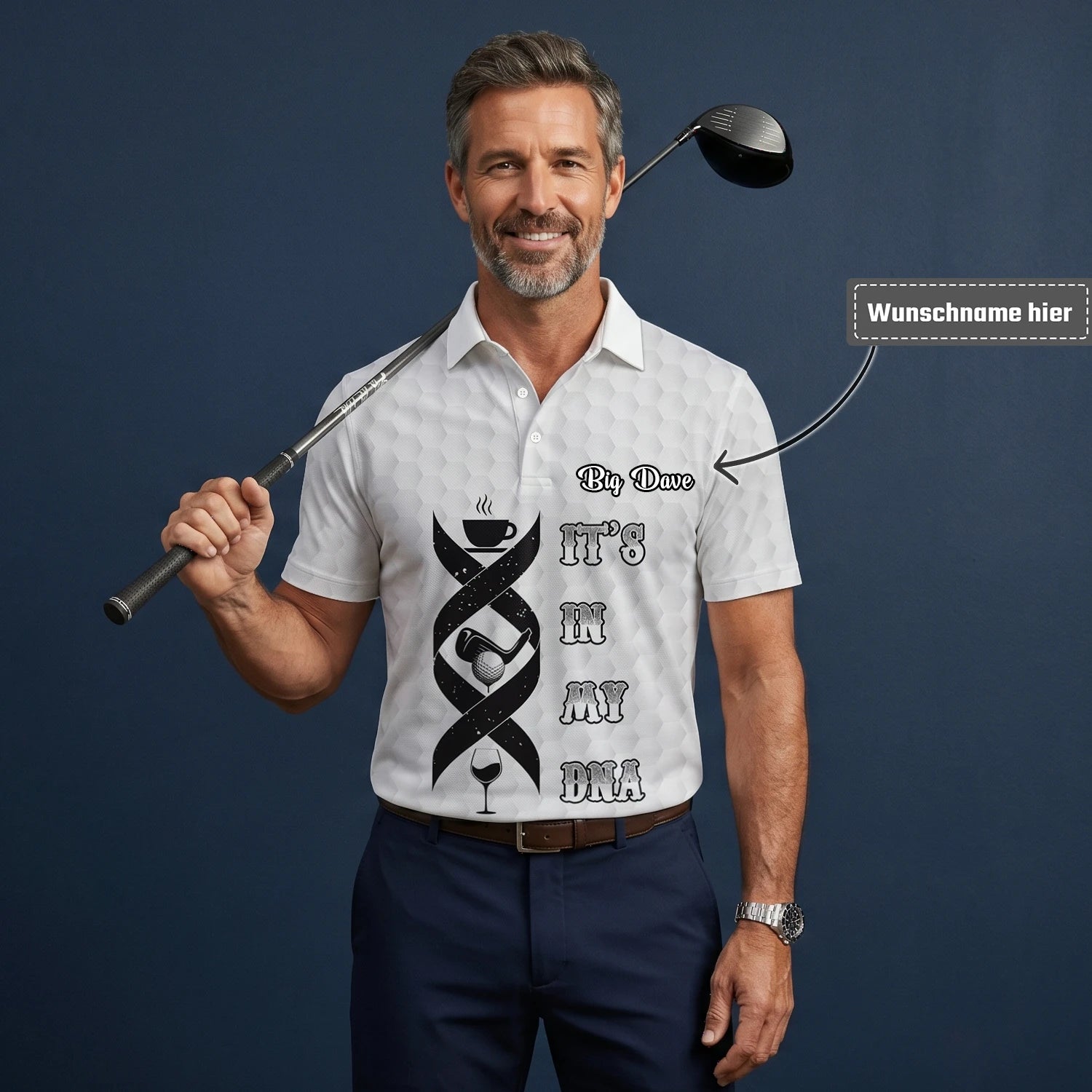 Personalisiertes Golf Poloshirt Weißes Golf In My DNA Spruch Design für Herren W3018