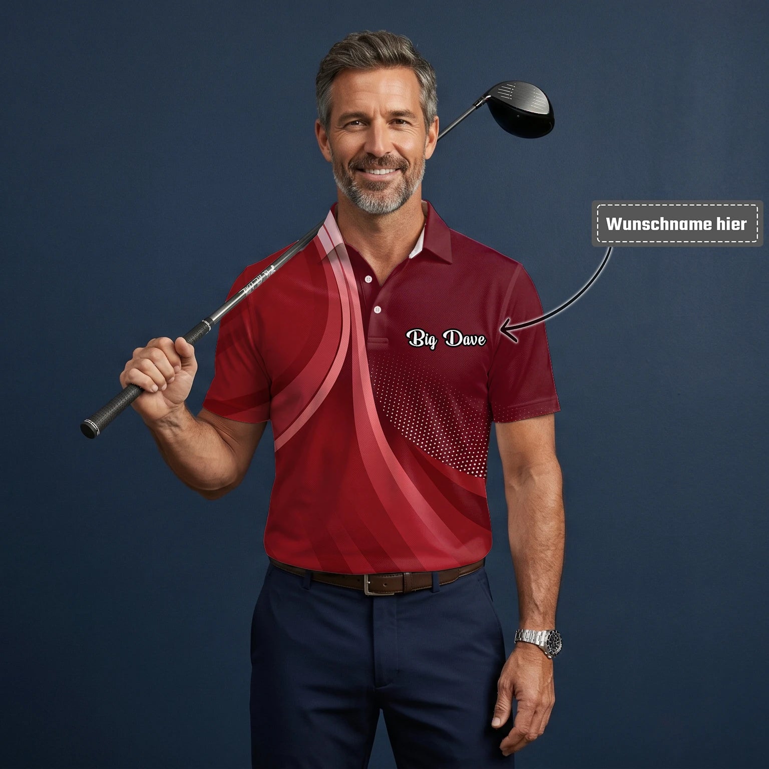 Personalisiertes Golf Poloshirt Bordeaux Rotes Abstraktes Wellen Design für Herren B4612