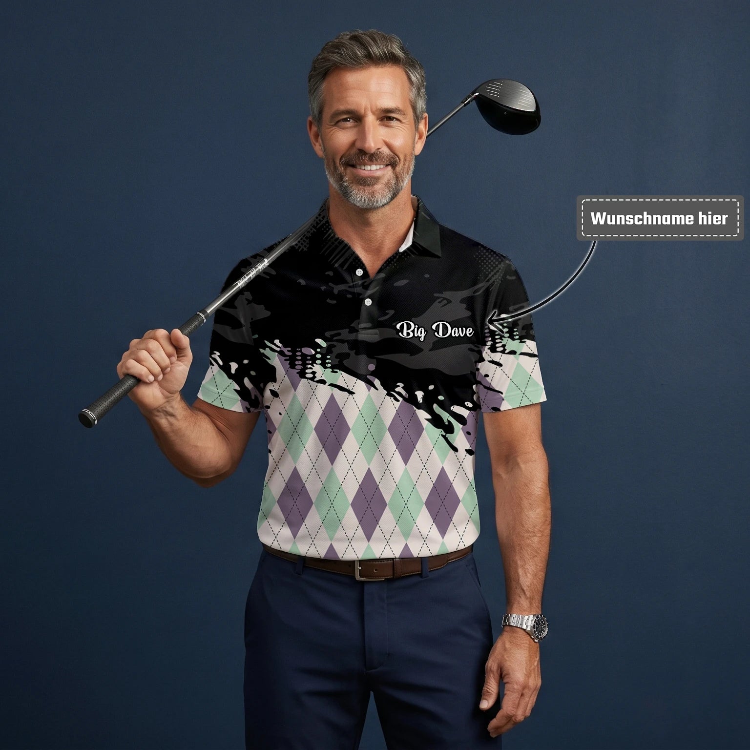 Personalisiertes Golf Poloshirt Schwarz Mint Lila Rauten Farbklecks Design für Herren C5124
