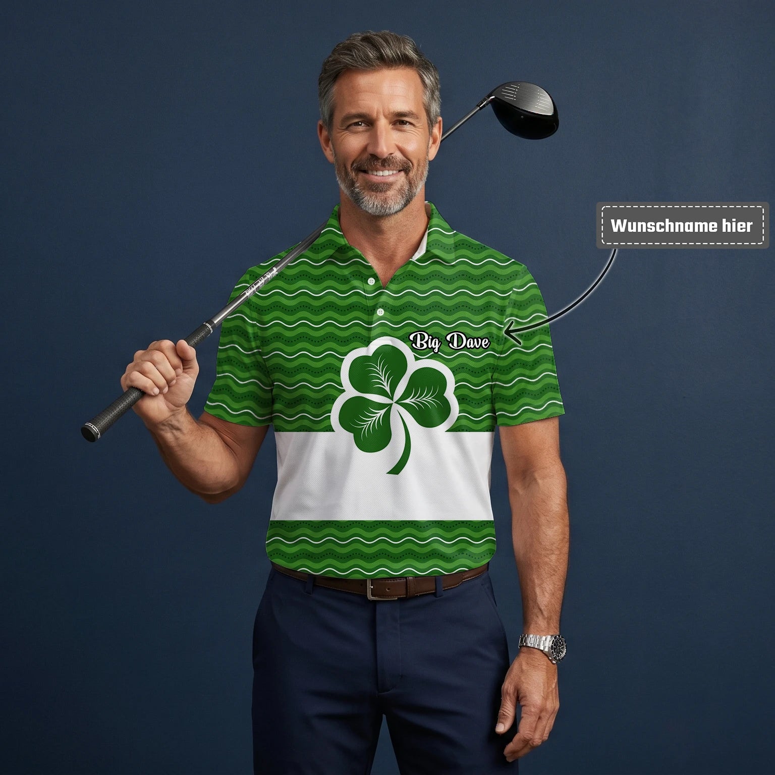 Personalisiertes Golf Poloshirt Grünes Kleeblatt Wellen Design für Herren I6128