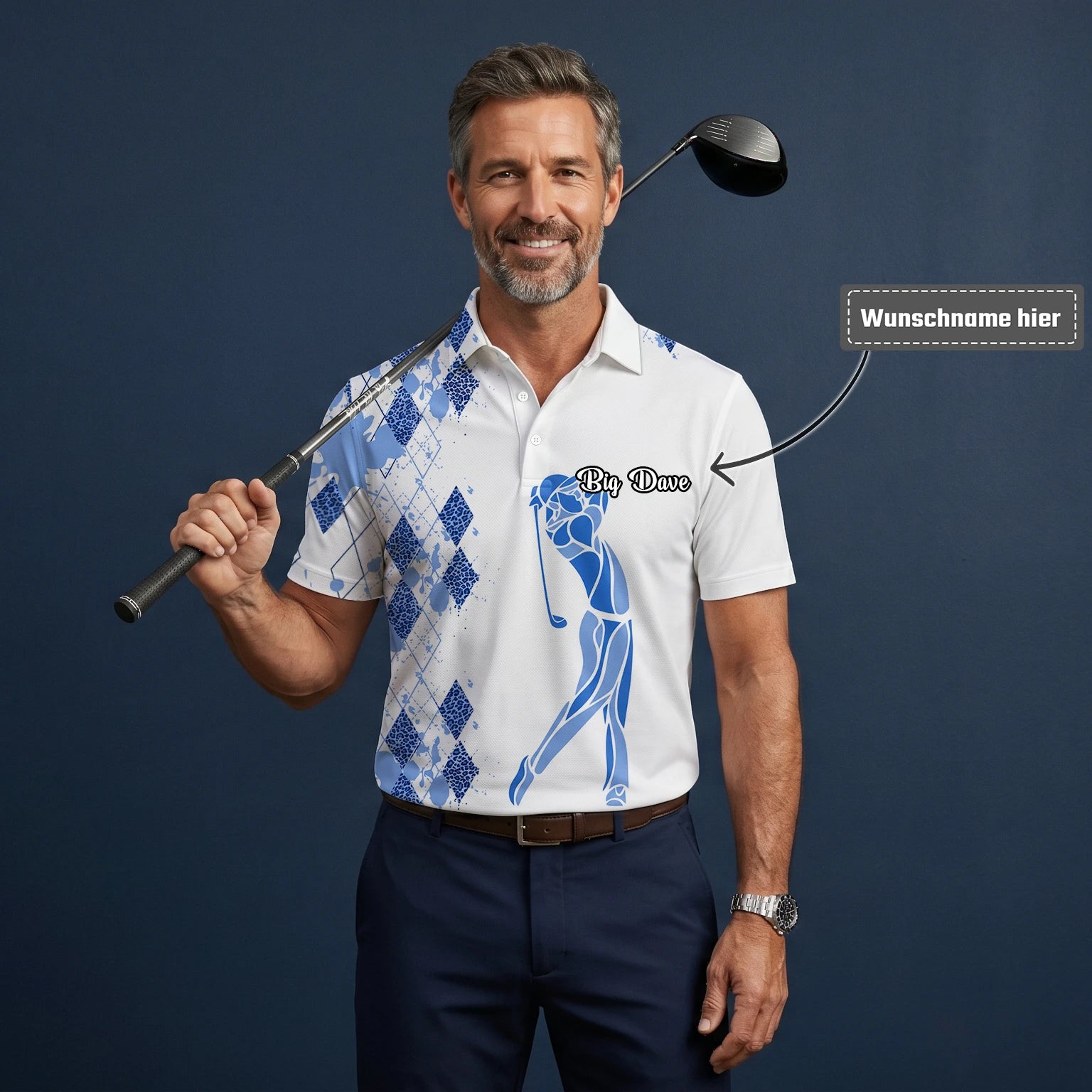 Personalisiertes Golf Poloshirt Weiß Blaues Rauten Golfer Silhouetten Design für Herren V2037