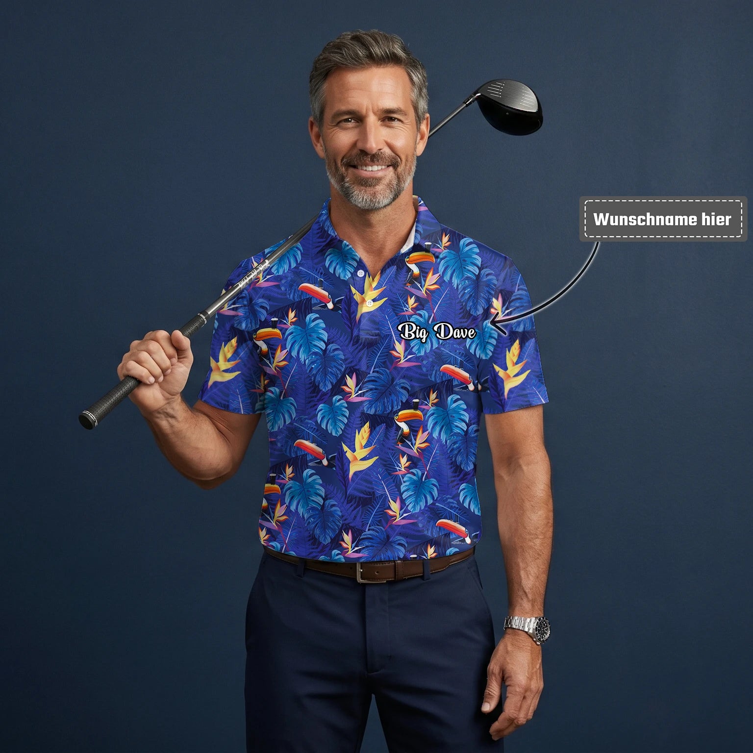 Personalisiertes Golf Poloshirt Marineblaues Tropisches Tukan Blätter Design für Herren S1836