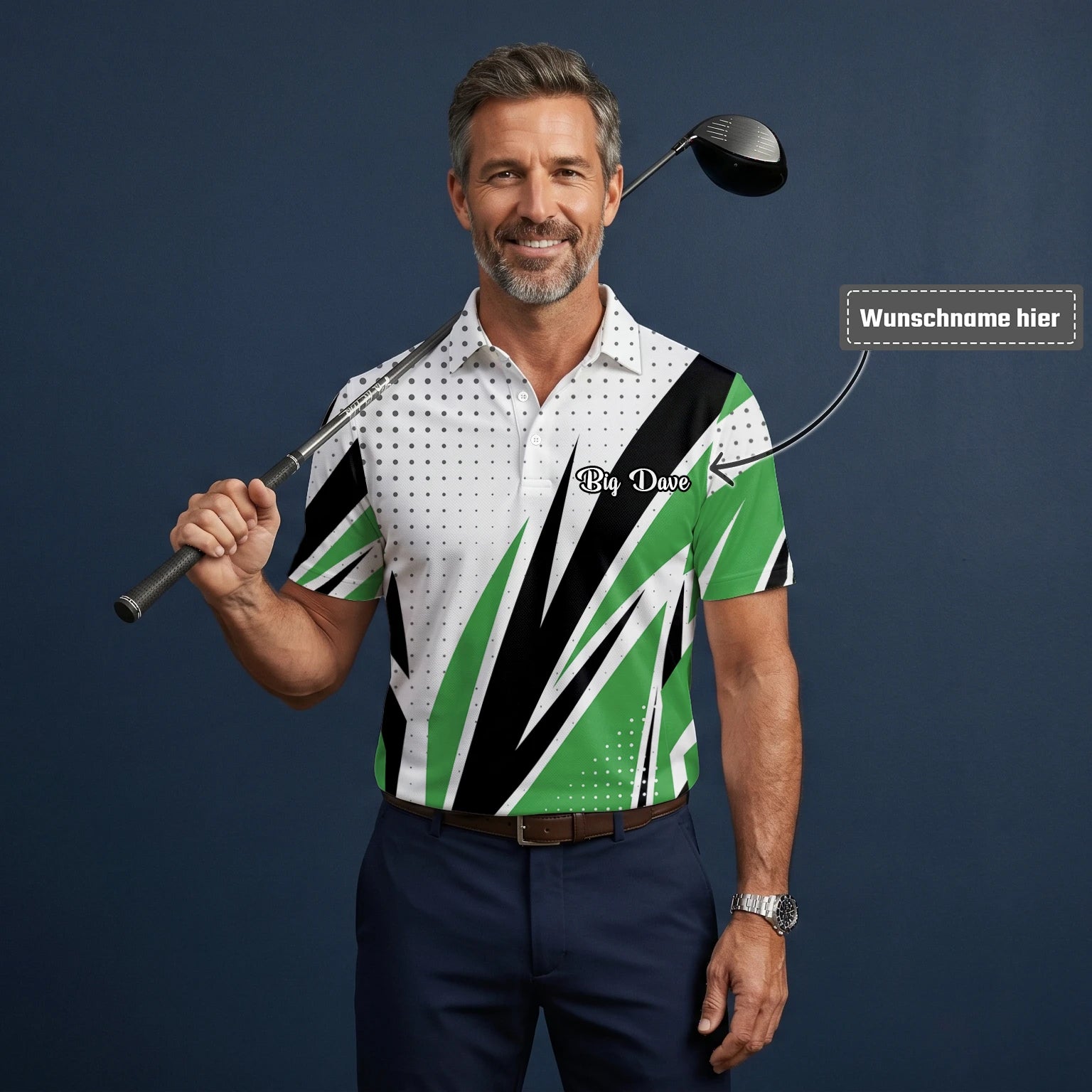 Personalisiertes Golf Poloshirt Weiß Grün Schwarzes Abstraktes Streifen Design für Herren C9494