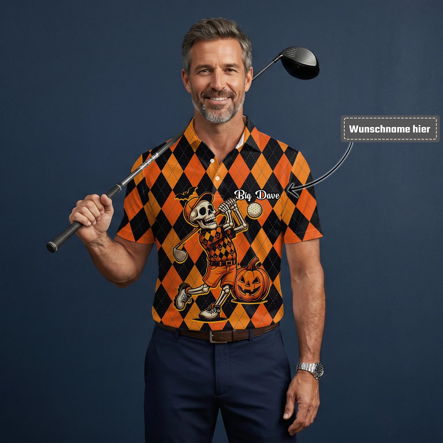 Personalisiertes Golf Poloshirt Orange Schwarzes Halloween Skelett Golfer Rauten Design für Herren I4585