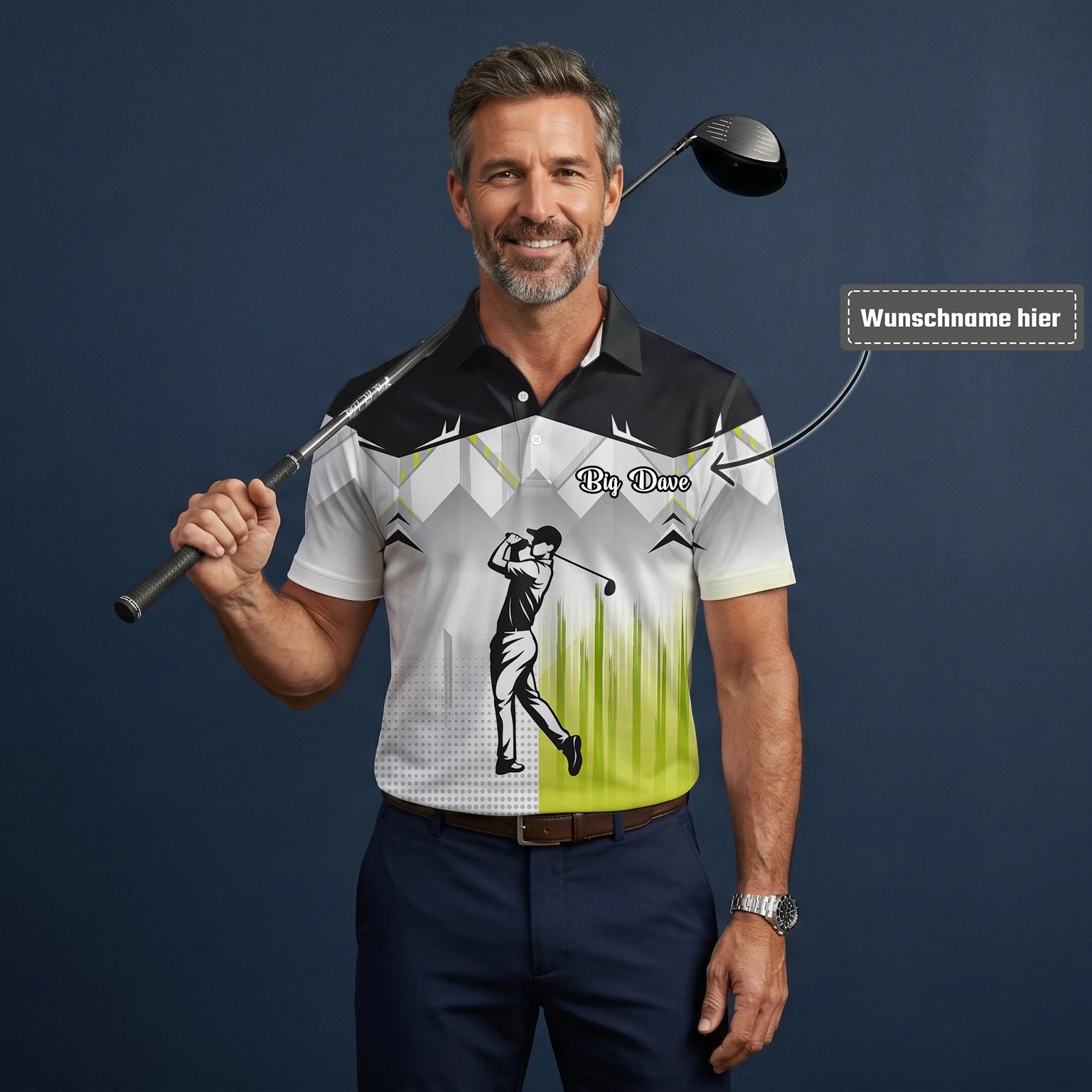 Personalisiertes Golf Poloshirt Schwarz Grau Limettengrünes Golfer Silhouetten Design für Herren F4552