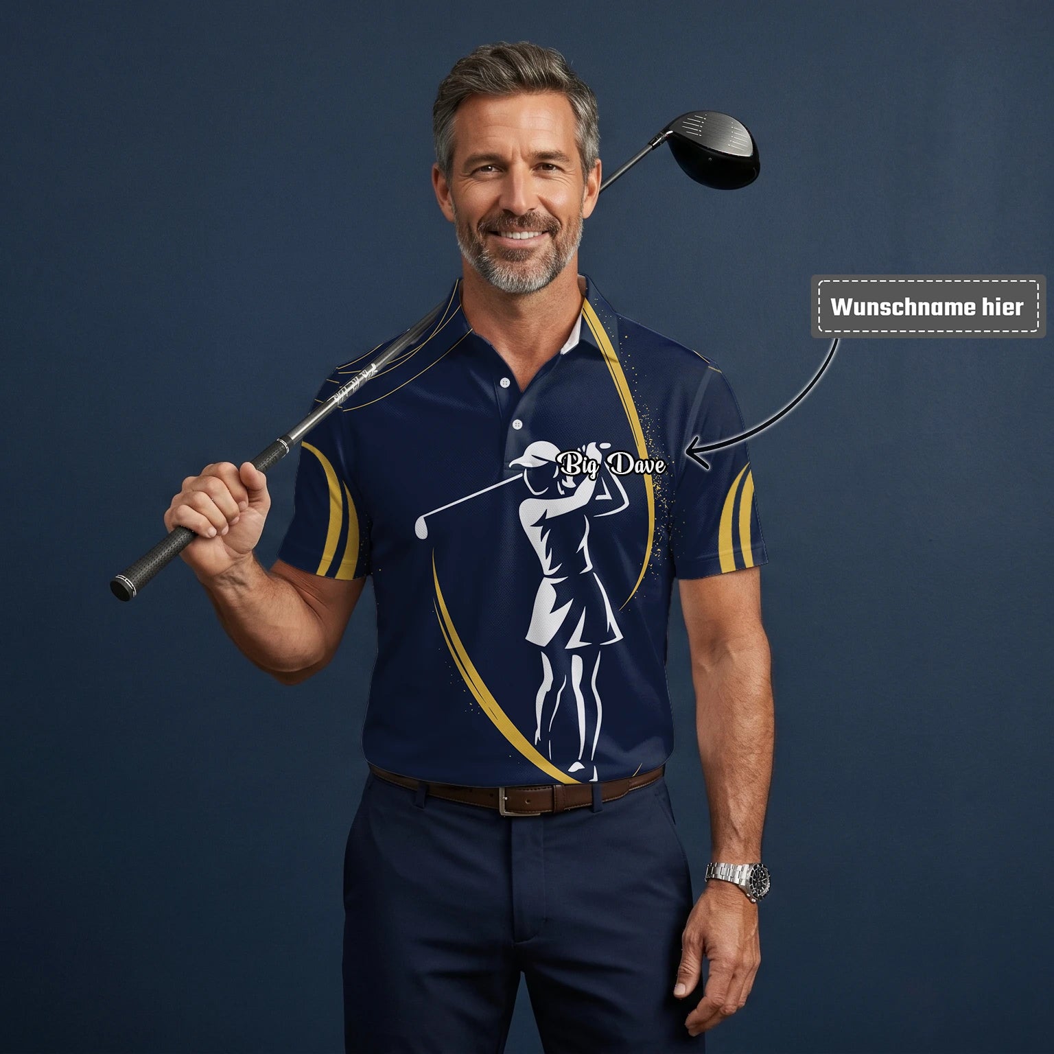 Personalisiertes Golf Poloshirt Marineblau Goldenes Golfer Silhouetten Design für Herren K0906