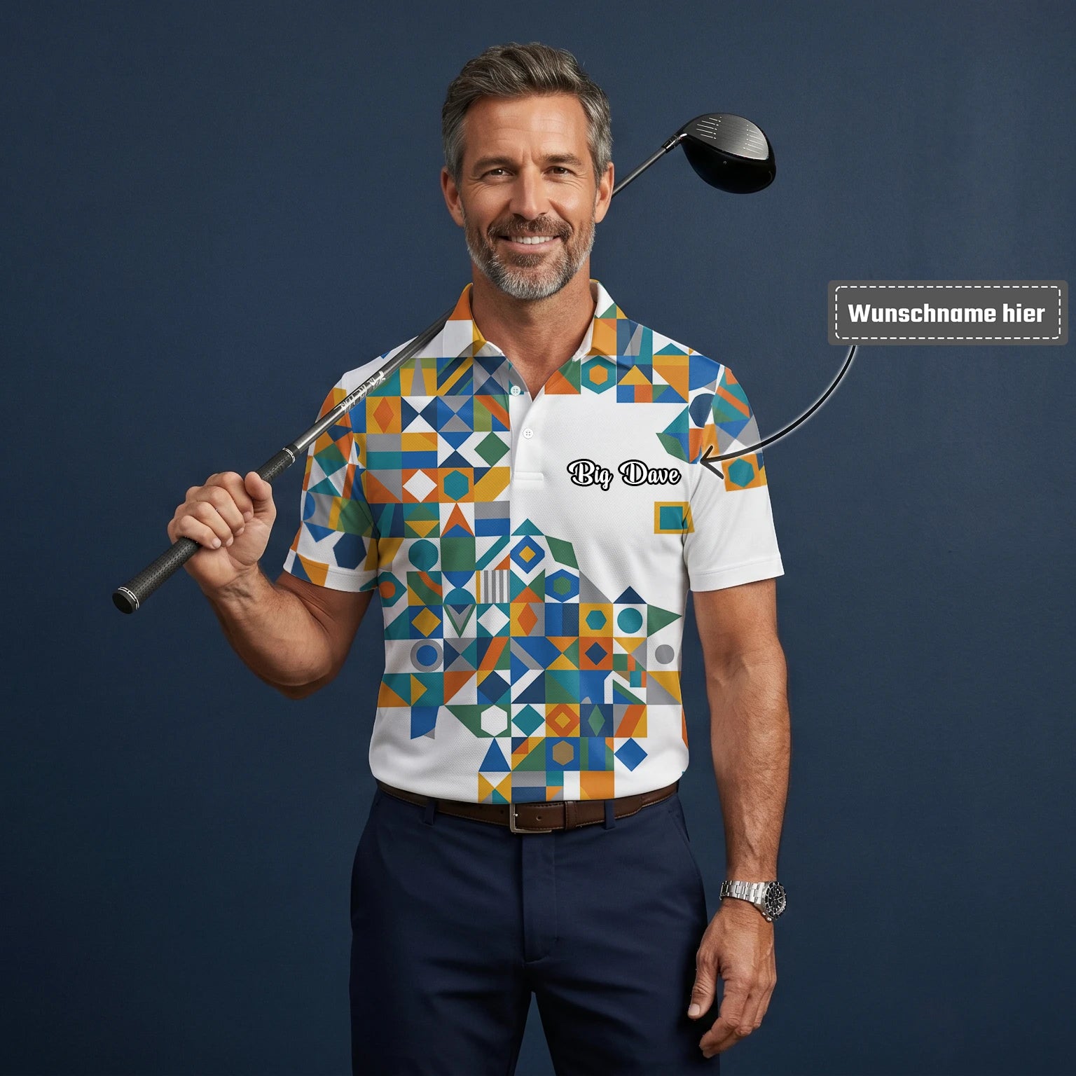 Personalisiertes Golf Poloshirt Weiß Türkis Oranges Geometrisches Patchwork Design für Herren K5362
