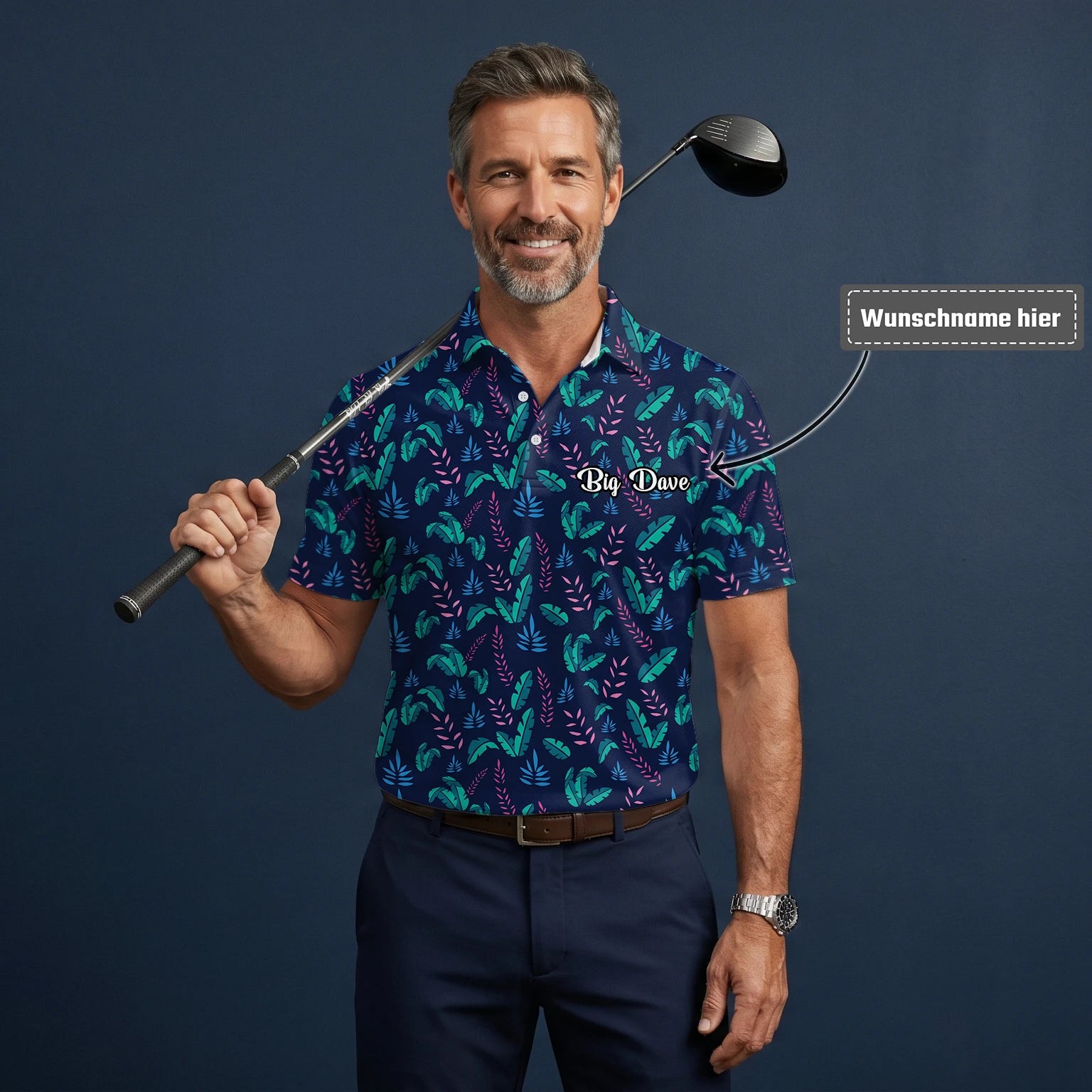 Personalisiertes Golf Poloshirt Marineblau Türkis Tropisches Blätter Design für Herren S8145