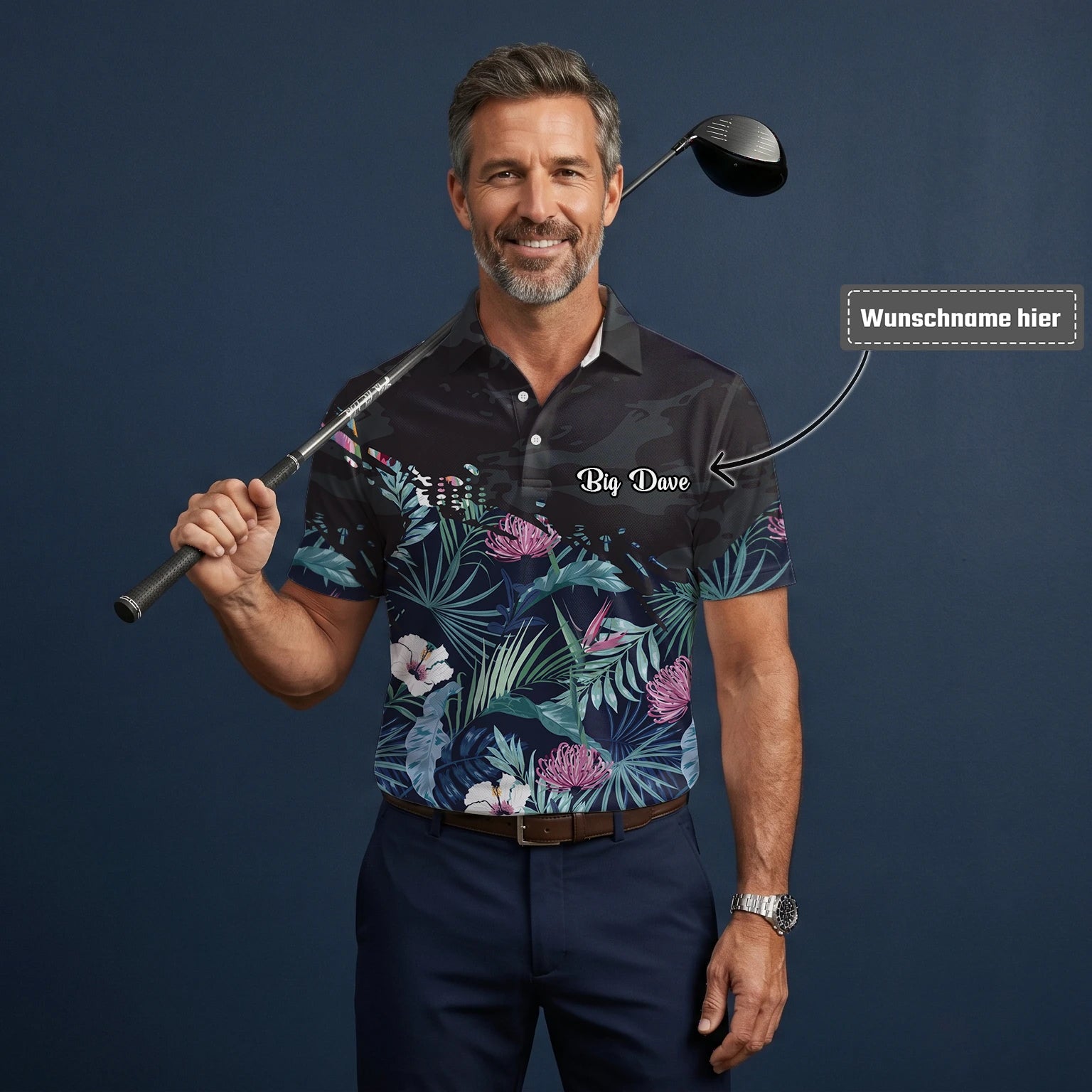 Personalisiertes Golf Poloshirt Marineblaues Tropisches Blumen Blätter Design für Herren N4110