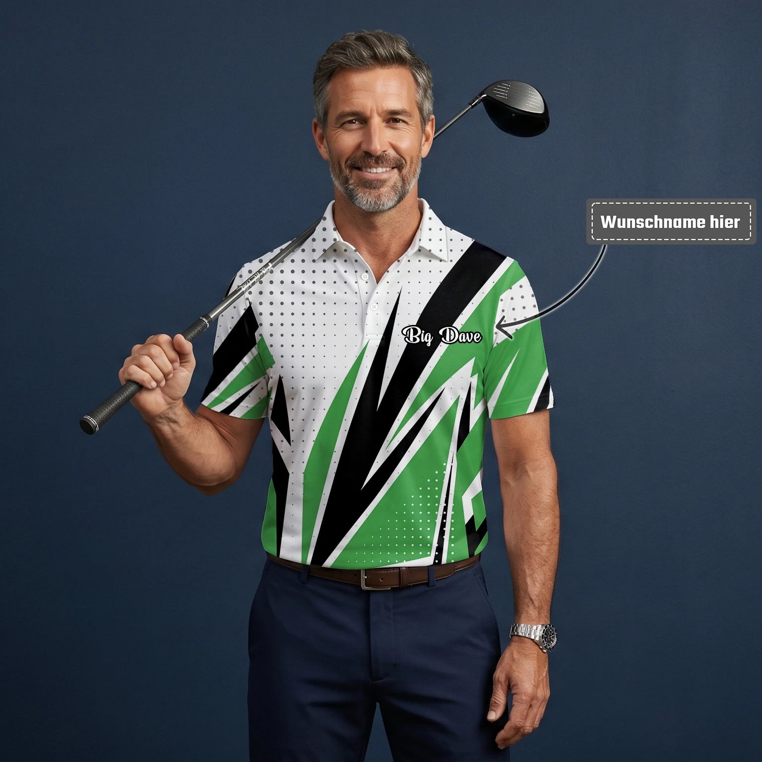 Personalisiertes Golf Poloshirt Weiß Grün Schwarzes Abstraktes Streifen Design für Herren C9494