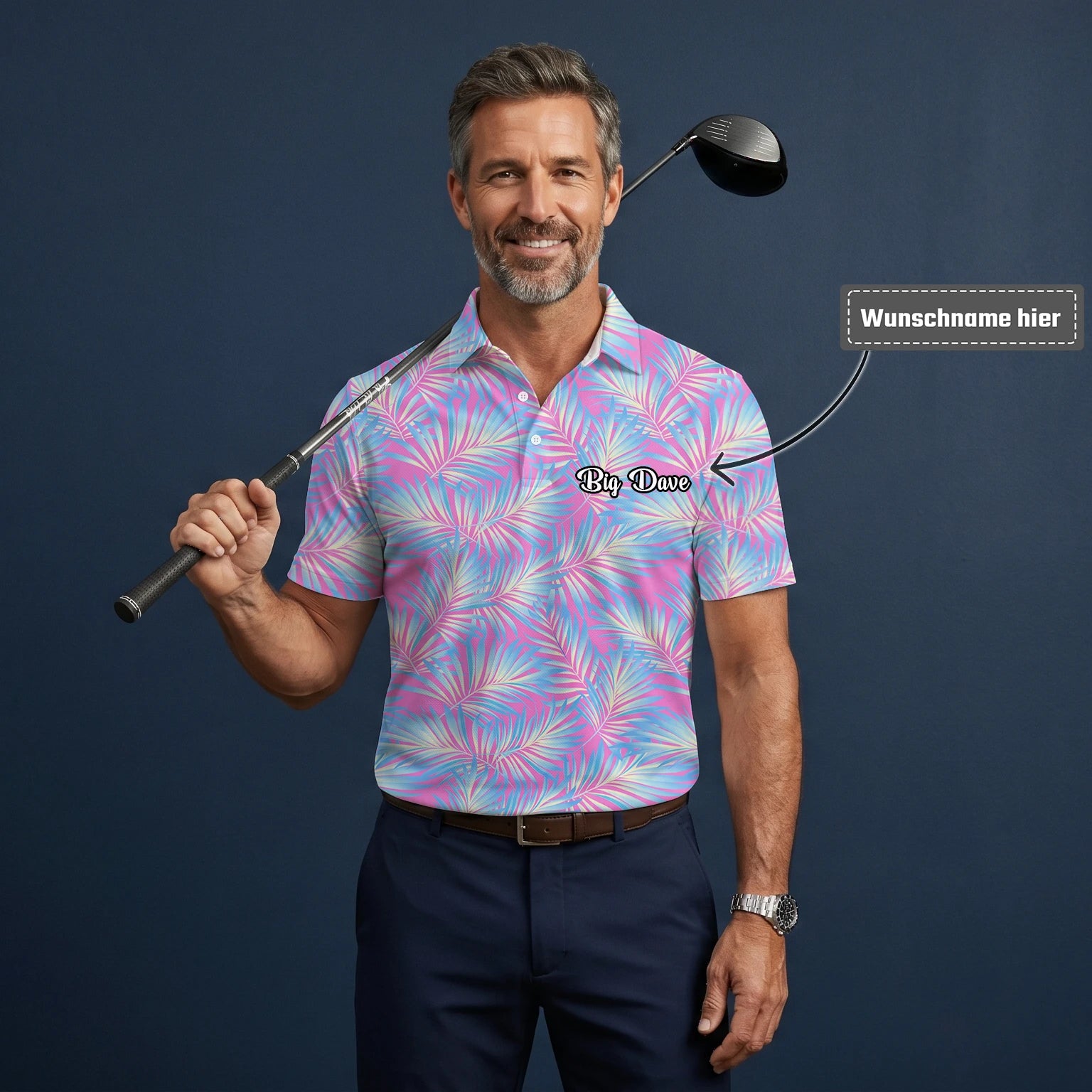 Personalisiertes Golf Poloshirt Rosa Blaues Palmenblätter Design für Herren F1458