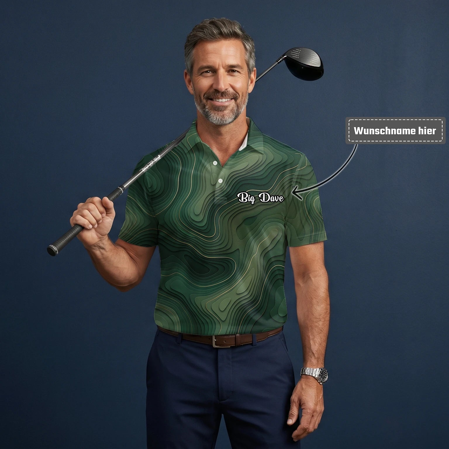 Personalisiertes Golf Poloshirt Grünes Topografisches Konturlinien Design für Herren H2497