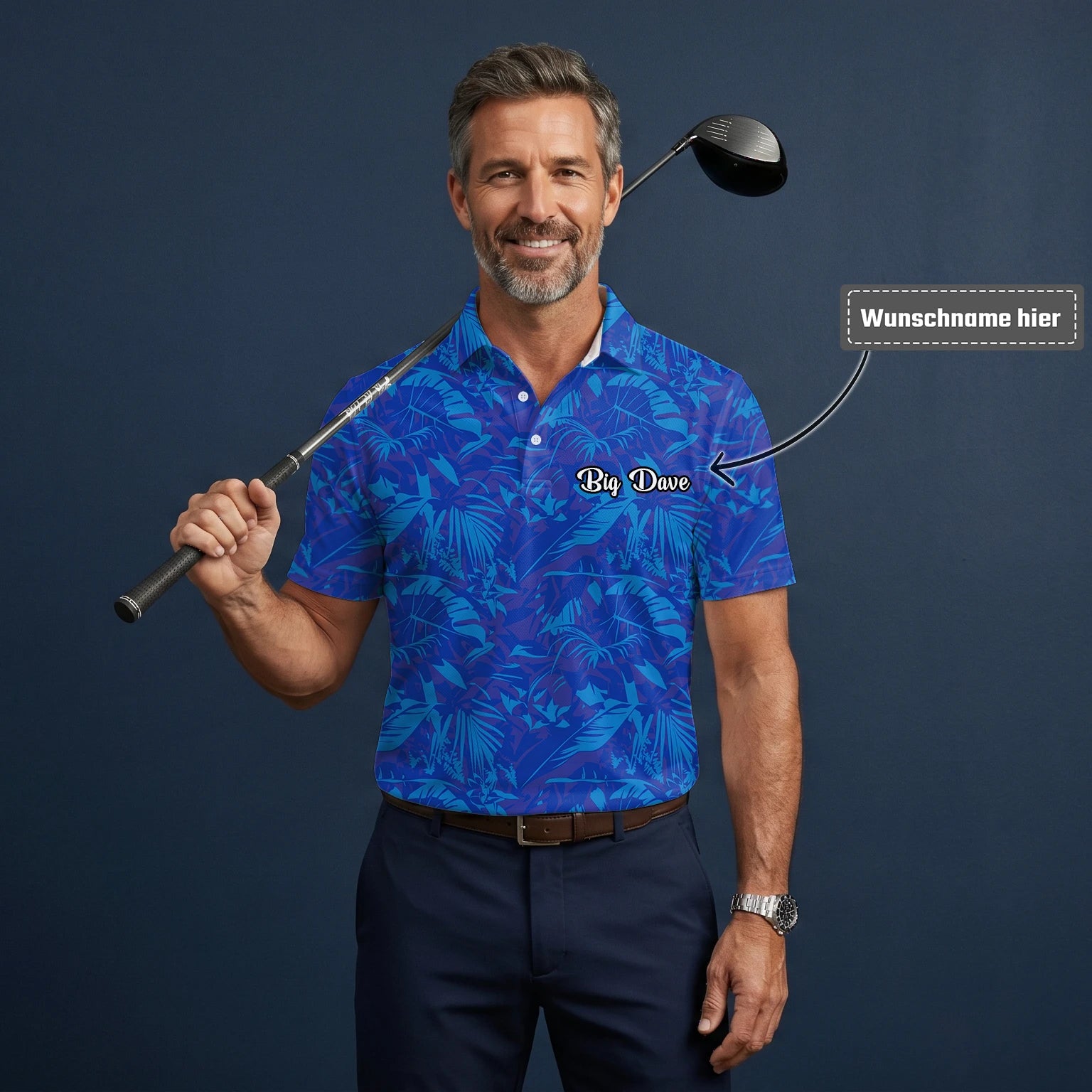 Personalisiertes Golf Poloshirt Blaues Tropisches Blätter Design für Herren Z7717