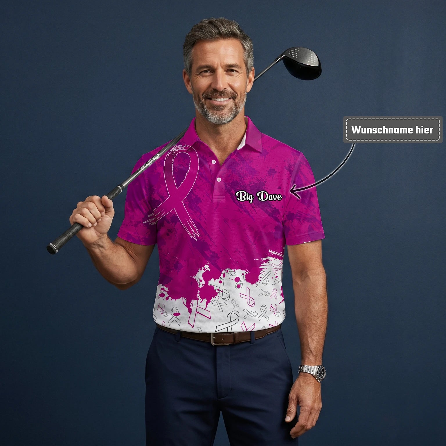 Personalisiertes Golf Poloshirt Magenta Brustkrebs Awareness Schleifen Farbklecks Design für Herren Q5636