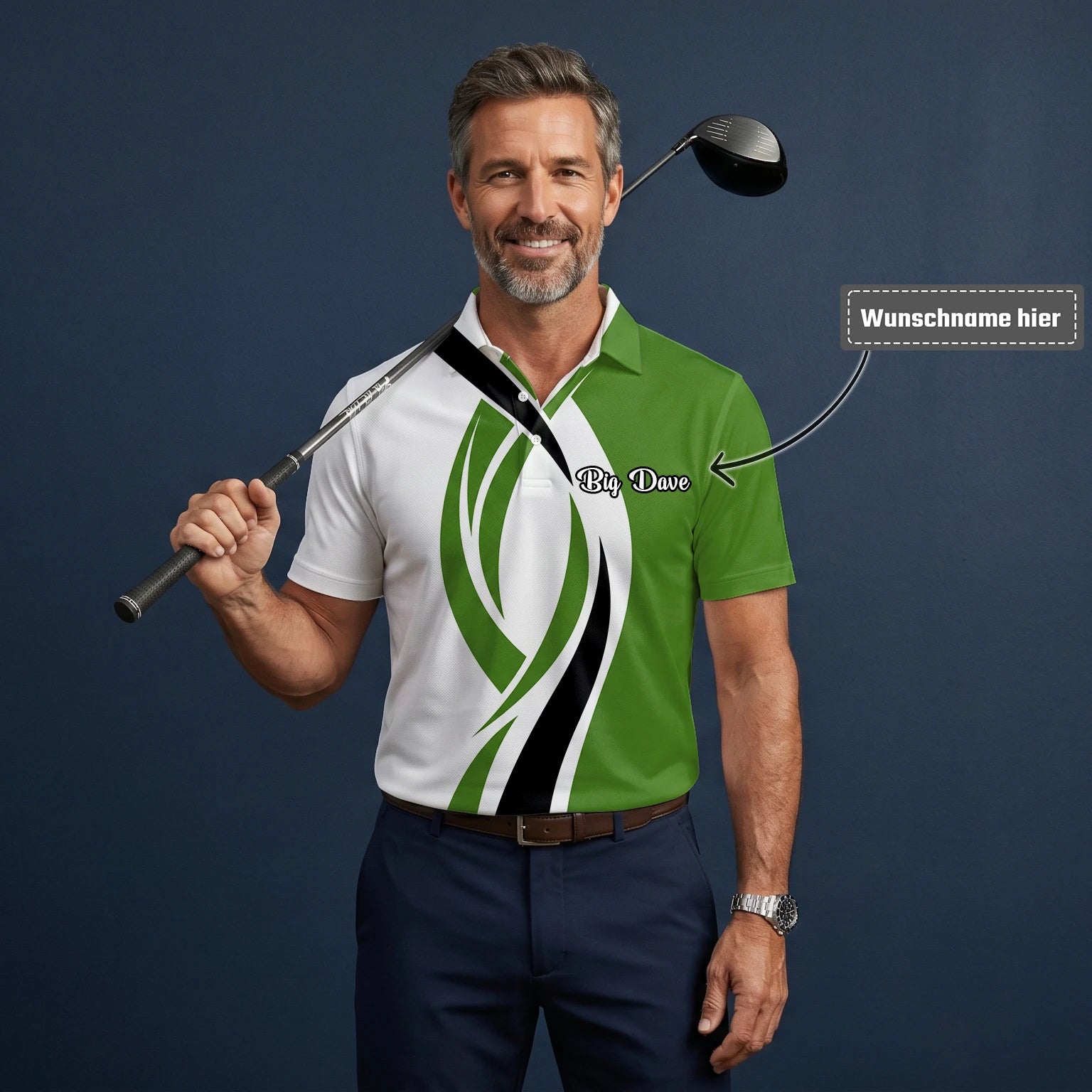 Personalisiertes Golf Poloshirt Weiß Grün Schwarzes Abstraktes Wellen Design für Herren P7352