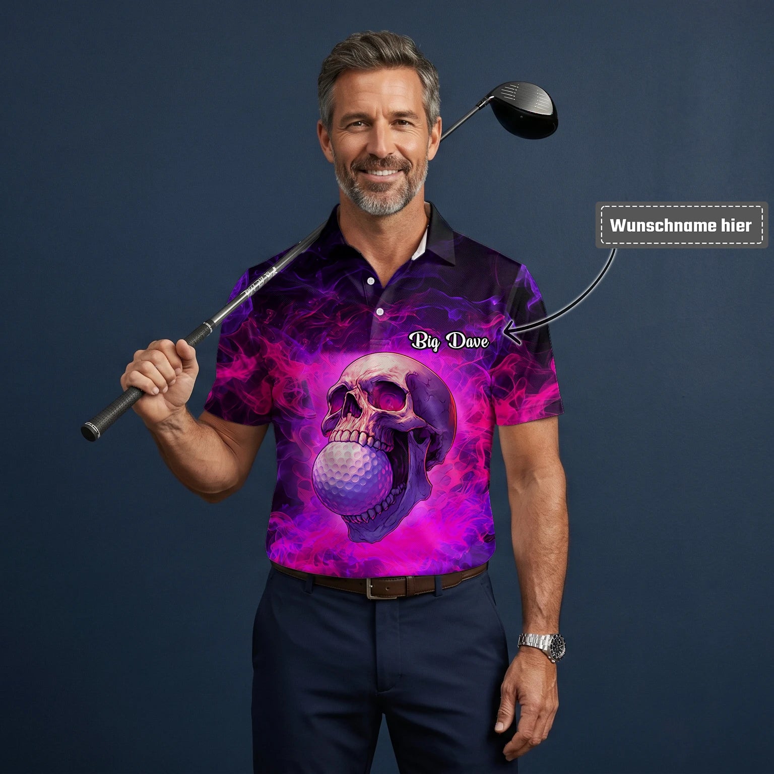 Personalisiertes Golf Poloshirt Lila Rosa Totenkopf Golfball Smoke Design für Herren L7637