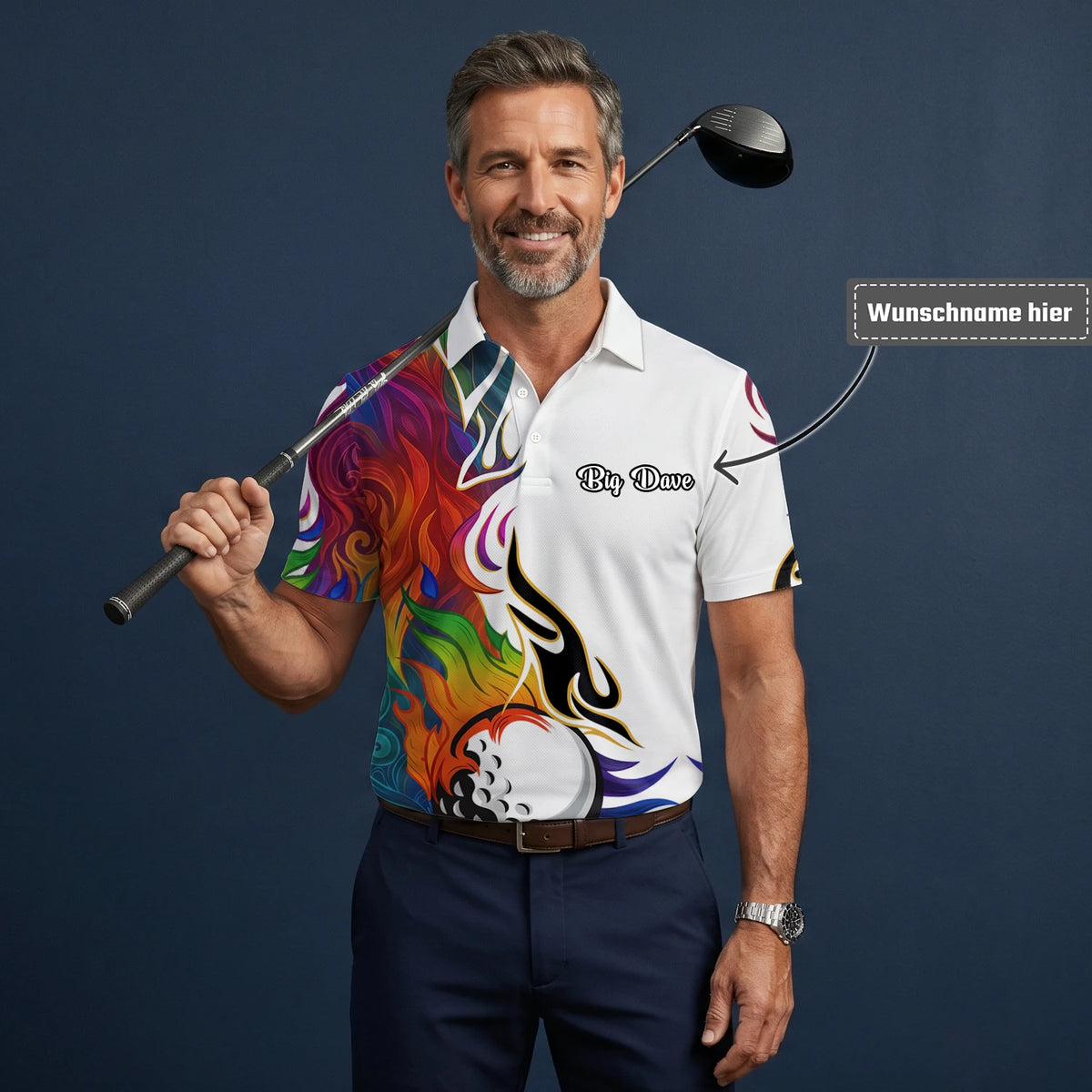 Personalisiertes Golf Poloshirt Weißes Regenbogen Flammen Golfball Design für Herren P6012