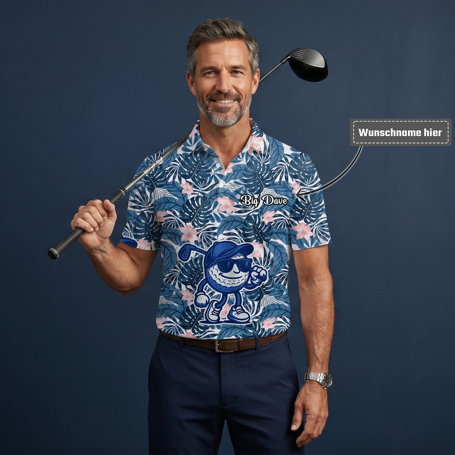 Personalisiertes Golf Poloshirt Marineblaues Tropisches Blätter Golfball Cartoon Design für Herren I7191
